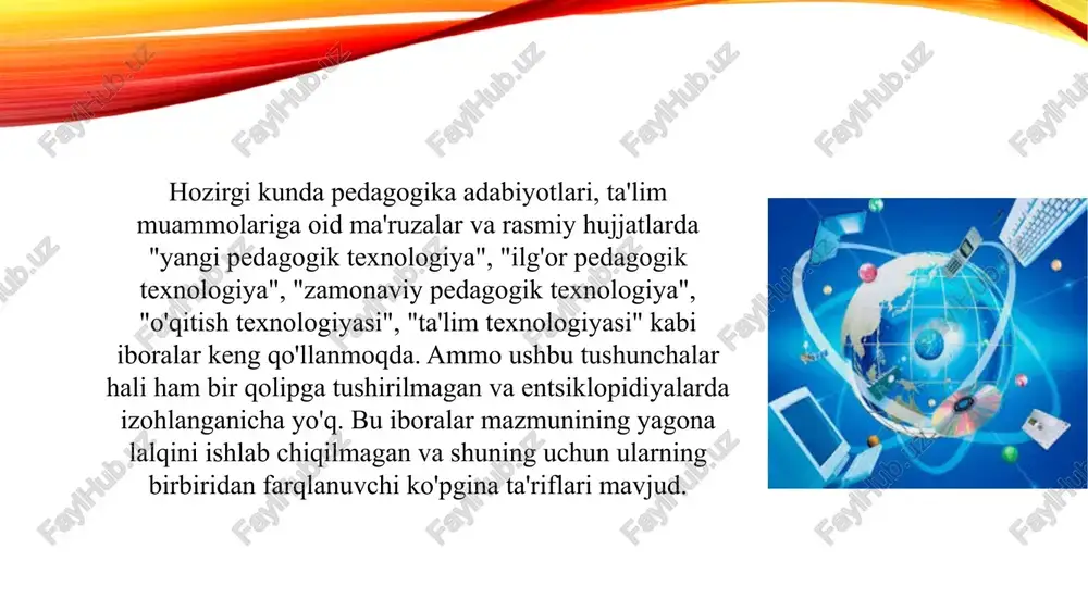 bo'yicha ular pedagogik faoliyatining har tomonlama o‘ylangan modelidir.» (v. m. manaxov) «pedagogik texnologiya — bu ta’lim shakllarini jadallashtirish vazifasini ko‘zlagan o ‘qitish va bilimlarni o ‘zlashtirishning barcha jarayonlarini texnika va inson omillarida va ulaming birgalikdagi harakatlari vositasida yaratish, tatbiq etish va belgilashning izchil metodidir» (yunesko). “pedagogik texnologiya ta’limni rejalashtiriladigan natijalarga erishish jarayoni tafisloti” ( i. p volkov ta’rifi) “ta’lim texnologiyasi – didaktik tizimning tarkibiy jarayonli qismi” ( m. chorshanov ta’rifi) - “pedagogik texnologiya- muayyan vaziyatlarda pelagogik maslaxatlarni yechishning optimal usuli” ( a. kushnir) - “ aniq natijani qo’lga kiritishga yo’naltirilgan aniq faoliyat” ( v. p. yudin ta’rifi) - “o’qituvchining mahoratiga bog’liq bo’lmagan holda pedagogik muvaffaqiyatni kafolatlaydigan, ta`lim oluvchi shaxsini shakllantirish jarayonning loyixasidir” ( v.p. bespalhko ta’rifi) - “o’qituvchining o’qitish ( tarbiya) vositalari yordamida ta`lim oluvchilarga muayyan sharoit va izchillikda ta’sir ko’rsatish xamda mazkur faoliyatning maxsuli sifatida ularda oldindan belgilangan sifatlarni shakillantirish jarayonidir” (n. saidaxmedov ta’rifi.) e’tiboringiz uchun rahmat image2.png image3.jpeg …