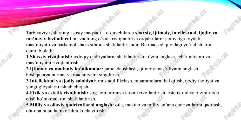 katga keltiradigan" metodlar qo'llaniladi, qulay sharoitlarda esa, tarbiyaning oddiy metodlaridan foydalaniladi. tarbiyani ,,kuchli harakatga keltiradigan" va ,,oddiy'' metodlarga bolinishi shart: birinchisi tanbih berish va majbur qilish bilan, ikkinchisi nasihat qilish va doimiy o'rgatish bilan bog'liq. kutiladigan natija. metodni tanlayotganda tarbiyasida muvoffaqqiyatga erishishga nisbatan ishonch bulishi kerak. buning uchun qllanilayotgan metod qanday natijaga olib kelishini oldindan ko'ra bilish kerak tarbiya jarayonining jamiyat taraqiyatidagi roli nihoyatda beqiyosdir. mutafakkir olim abu nasr farobiy ta'lim tarbiyaning asosiy vazifasi jamiyat talablariga javob bera oladi. shu jamiyat uchun hizmat qiladigan yilik, insonni tarbiya lashdaniborat deb biladi. jamiyat taraqqiyotida muhim o'rin egallagan insonni tarbiyalash, uni bilim olishga, mehnat qilishga undash va bu hatti harakatini sekin-asta ko'nikmaga aylantirib borish lozim. insonning mushohada qilishi qobilyatni tarbiyalaydi va aqilni peshlaydi. aql ongni saqlaydi. ong va ma'naviy manbaga aylanadi. shu tarzda asta sekin takomillashib, komillikka erishib boradi. ammo buning uchun tarbiyachi va tarbiyalanuvchilardan uzoq davom etadigan mas'uliyat, sharafli mehnat va qunt, …