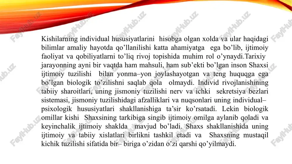 iyati, temperament, o‘rganish uslubi va motivatsiyasiga moslash. masalan, dars jarayonida turli darajadagi topshiriqlar berish va qo‘llab-quvvatlash strategiyalarini qo‘llash. faollik va ishtirokchilik: o‘quvchini passiv qabul qiluvchi sifatida emas, balki faol ishtirokchi sifatida jalb qilish. bu guruh ishlari, case-metod, rolli o‘yinlar va interfaol mashg‘ulotlar orqali amalga oshiriladi. motivatsiya va rag‘batlantirish: o‘quvchining ichki motivatsiyasini rivojlantirish, qiziqish va iqtidorini rag‘batlantirish. masalan, muvaffaqiyatlari uchun ijobiy fikrlar, tan olish va mukofot berish. shaxsiy tajriba va refleksiya: o‘quvchining o‘z faoliyati va natijalarini tahlil qilish imkoniyatini yaratish. bu o‘zini baholash va o‘zini rivojlantirish ko‘nikmalarini shakllantiradi. ijtimoiy va ma’naviy rivojlanish: o‘quvchini jamiyat qoidalari, axloqiy qadriyatlar va hamkorlik ko‘nikmalariga moslashtirish. shu orqali u ijtimoiy mas’uliyatni o‘rganadi. afzalliklari: shaxs markazida tashkil etilgan tarbiya o‘quvchining qobiliyatlarini maksimal darajada rivojlantiradi. mustaqil fikrlash va ijodiy yondashuv ko‘nikmalarini shakllantiradi. o‘quvchida ijobiy motivatsiya va o‘zini rivojlantirish istagini uyg‘otadi. jamiyatga foydali, mas’uliyatli shaxslar tarbiyalashga xizmat qiladi. e’tiboringiz uchun rahmat image2.png image3.jpeg image4.jpeg image5.jpeg image6.png image1.png /docprops/thumbnail.jpeg