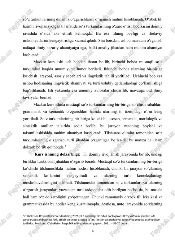 atilmoqda. ayniqsa, nutq jarayonida so‘zlarning turkumdan turkumga o‘tishi tilning boyligi va moslashuvchanligini ta’minlaydi. shu sababli, mazkur mavzuni ilmiy-nazariy jihatdan o‘rganish va uning amaliy misollarini tahlil qilish muhim ahamiyat kasb etadi. kurs ishining maqsadi: kurs ishining asosiy maqsadi – mustaqil so‘z turkumlarining bir-biriga ko‘chish jarayonini nazariy va amaliy jihatdan o‘rganish, ushbu hodisaning sabablari va lingvistik ahamiyatini tahlil qilish. ushbu maqsadga erishish uchun quyidagi vazifalar belgilangan: · mustaqil so‘z turkumlarining umumiy xususiyatlarini o‘rganish; · so‘zlarning bir turkumdan boshqasiga o‘tishining asosiy sabablari va mexanizmlarini aniqlash; · semantik, morfologik va sintaktik jihatdan so‘z o‘zgarishlarini tahlil qilish; · tilshunoslikdagi tegishli nazariy qarashlarni o‘rganish va ularni tahlil qilish; · o‘zbek tilidagi amaliy misollar asosida so‘z turkumlarining o‘zgarishi bilan bog‘liq hodisalarni tahlil qilish; · ushbu lingvistik hodisaning til taraqqiyotidagi ahamiyatini yoritish. kurs ishining obyekti: mazkur kurs ishining obyekti – o‘zbek tilidagi mustaqil so‘z turkumlari va ularning bir-biriga ko‘chish jarayoni hisoblanadi. tadqiqot davomida o‘zbek tilshunosligidagi grammatik qonuniyatlar, so‘zlarning …