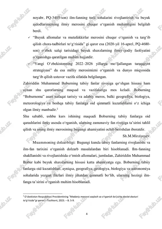 ndash mumkin. shu sababli, boburning tabiiy fanlarga qo‘shgan hissasini o‘rganish ham tarixiy, ham ilmiy nuqtayi nazardan dolzarb masala bo‘lib, ushbu mavzuni tadqiq etish ilm-fan rivojiga o‘z hissasini qo‘shadi. kurs ishining maqsadi: ushbu kurs ishining asosiy maqsadi – zahiriddin muhammad boburning tabiiy fanlarga qo‘shgan hissasini tahlil qilish, uning ilmiy qarashlarini o‘rganish va ularning hozirgi ilm-fanga ta’sirini aniqlashdan iborat. shu bilan birga, "boburnoma" asarida tabiiy fanlarga oid ma’lumotlarni tahlil qilish hamda boburning geografiya, geologiya, biologiya va astronomiya sohalaridagi kuzatishlarini ilmiy nuqtayi nazardan baholash muhim vazifalardan biridir. kurs ishining ob’ekti: ushbu tadqiqotning ob’ekti – zahiriddin muhammad boburning ilmiy qarashlari, xususan, uning tabiiy fanlarga oid fikrlari va kuzatuvlari aks etgan asarlari, ayniqsa "boburnoma" asari hisoblanadi. shuningdek, boburning tabiiy fanlarga doir fikrlari bilan bog‘liq tarixiy va zamonaviy ilmiy manbalar ham tadqiqot ob’ekti sifatida o‘rganiladi. kurs ishining predmeti: ushbu kurs ishining predmeti – zahiriddin muhammad boburning tabiiy fanlarga, xususan, geografiya, geologiya, biologiya va astronomiyaga oid qarashlari, …