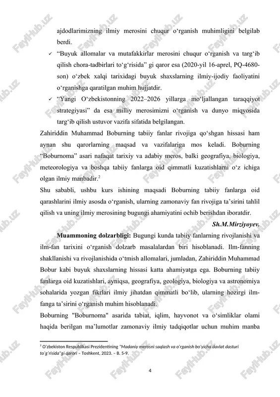 iy fanlarga oid ma’lumotlarni tahlil qilish hamda boburning geografiya, geologiya, biologiya va astronomiya sohalaridagi kuzatishlarini ilmiy nuqtayi nazardan baholash muhim vazifalardan biridir. kurs ishining ob’ekti: ushbu tadqiqotning ob’ekti – zahiriddin muhammad boburning ilmiy qarashlari, xususan, uning tabiiy fanlarga oid fikrlari va kuzatuvlari aks etgan asarlari, ayniqsa "boburnoma" asari hisoblanadi. shuningdek, boburning tabiiy fanlarga doir fikrlari bilan bog‘liq tarixiy va zamonaviy ilmiy manbalar ham tadqiqot ob’ekti sifatida o‘rganiladi. kurs ishining predmeti: ushbu kurs ishining predmeti – zahiriddin muhammad boburning tabiiy fanlarga, xususan, geografiya, geologiya, biologiya va astronomiyaga oid qarashlari, kuzatuvlari hamda ularning ilmiy va amaliy ahamiyatidir. boburning tabiiy fanlarga oid merosi va uning hozirgi zamon fanlari bilan bog‘liqligi kurs ishining asosiy tadqiqot yo‘nalishi hisoblanadi. kurs ishining vazifalari: ushbu kurs ishida quyidagi vazifalar bajarilishi ko‘zda tutilgan: · zahiriddin muhammad boburning tabiiy fanlarga oid qarashlarini tahlil qilish; · "boburnoma" asarida tabiiy fanlar bo‘yicha berilgan ma’lumotlarni o‘rganish; · boburning geografiya, geologiya, biologiya va astronomiya …