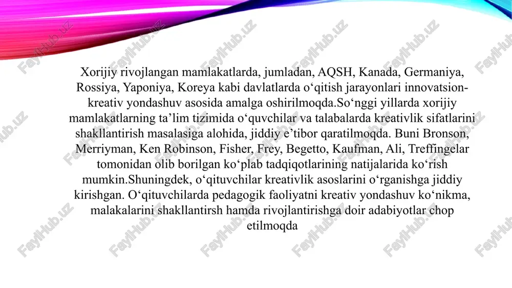 rlamaslik, o‘ziga xoslik, tashabbuskorlik, noaniqlikka toqat qilish, pedagog kreativlik potensialiga ega bo‘lishi uchun kasbiy faoliyatida quyidagilarga e’tiborini qaratishi zarur: -kasbiy faoliyatiga ijodiy yondashish; yangi-yangi g‘oyalarni yaratishda faollik ko‘rsatish; - ilg‘or pedagogik yutuq va tajribalarni mustaqil o‘rganish; - hamkasblar bilan pedagogik yutuqlar xususida fikr almashish maktablar kreativ fikrlash konikmasi, aqliy konikmalar, bilim sohasining tayyorligi (ma’lum sohaga tegishli bilim va tajriba), yangi goyalar va tajribalarga nisbatan ochiqlik, boshqalar bilan ishlash konikmasi yoki boshqalar fikri bilan kelishish (hamkorlik), qiyinchilikka duch kelganda o'z maqsadiga erishishga harakat qilish, insonning ijodkorlikka nisbatan qobiliyatiga ishonish (maqsadga yo'naltirilganlik va ishonch) shu bilan birga, topshiriqni bajarishga ragbatlantirilganlikni o'zlashtirish uchun oquvchilarning ichki imkoniyatlarining (bundan buyon “kreativ fikrlash ko£nikmasini individual namoyon qiluvchilar”) turli jihatlariga ta’sir ko'rsatishi mumkin . sinfda kreativ fikrlashni bunday o‘ziga xos tarzda namoyon etuvchi omillar bir-biriga o‘zaro chambarchas bog‘langan. yuqoridagilardan kelib chiqib, xulosa qilish mumkinki, o’quvchilarning pedagogik ehtiyojlari, qiziqishlari, alohida ahamiyatga ega bo‘lgan yo‘nalishlarini tizimli tarzda o‘rganish, bunda …