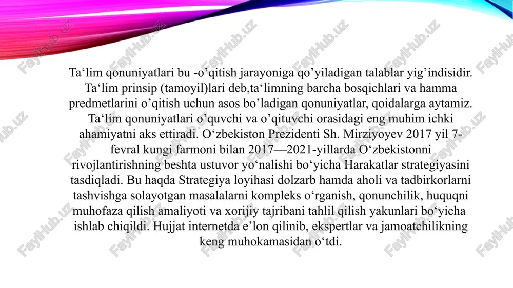 v) bayon ilmiy bilimlarning puxta va mustahkam o`zlashtirish hamda turmushda ularga amal qilinishi; g) ta`lim jarayoni o`quvchilarning qiziqishini orttirish, faollik va tashabuskorliklarni oshirishga qaratilgan bo`lishi; d) ta`lim jarayonida o`quvchilarning saramjonlik, uyushqoqlik, intizomlilik va javobgarlikni sezish, jamoatchilik hamda o`zaro yordam hislarini tarbiyalashga alohida ahamiyat bermog`i lozim. ta’lim qonunchiligi jamiyatning ijtimoiy, iqtisodiy va madaniy ehtiyojlariga mos ravishda shakllanadi va rivojlanadi. u ta’lim tizimining samarali ishlashi, o‘quvchilarning bilim va ko‘nikmalarini oshirish hamda pedagogik jarayonlarni tartibga solish uchun zaruriy huquqiy asos yaratadi. rivojlanish jarayoni qonun va normativ hujjatlarni takomillashtirish, yangi pedagogik yondashuvlar va ilmiy tadqiqotlarni hisobga olish, shuningdek, xalqaro tajribalarni o‘rganish orqali amalga oshiriladi. modernizatsiya esa ta’lim qonunchiligini zamon talablariga moslashtirish, uni innovatsion va raqamli texnologiyalar bilan uyg‘unlashtirishni o‘z ichiga oladi. masalan, elektron ta’lim platformalari, onlayn baholash tizimlari va masofaviy ta’limni qonuniy tartibga solish orqali ta’limning sifatini oshirish mumkin. shuningdek, demokratik tamoyillarni mustahkamlash, talabalar va o‘qituvchilarning huquqlarini himoya qilish, ularning taklif va shikoyatlarini qonuniy …
