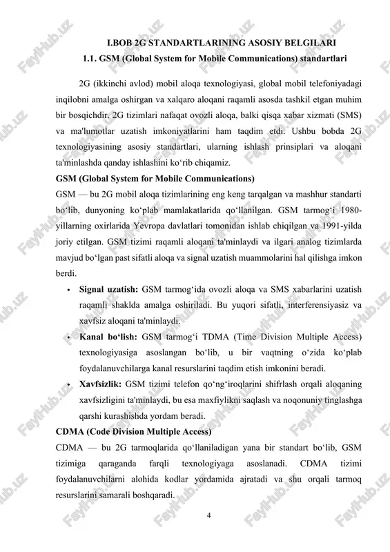 qisqa xabar xizmati, 2g texnologiyasining eng muhim imkoniyatlaridan biri bo‘lib, foydalanuvchilarga qisqa xabarlarni bir-birlariga yuborish imkoniyatini berdi. 2g tizimlarining rivojlanishi bilan sms xizmati butun dunyo bo‘ylab keng tarqaldi. · xabar yuborish va qabul qilish: sms texnologiyasi mobil telefonlar o‘rtasida tez va oson xabar almashishni ta'minlaydi, shu bilan birga, mobil telefonlardan telefon raqamlariga qisqa matnli xabarlar yuborish imkoniyatini yaratdi. · yengillik va tezlik: sms xabarlari mobil aloqada eng arzon va qulay xizmat bo‘lib, telefon orqali tezkor aloqa o‘rnatishga yordam beradi. gprs (general packet radio service) gprs — bu 2g tarmoqlarida ishlaydigan birinchi paketli uzatish texnologiyasidir. gprs tizimi gsm tarmoqlarida ma'lumotlarni paketlar shaklida uzatish imkoniyatini yaratadi, bu esa mobil internetning ilk bosqichlarini boshlash imkoniyatini berdi. · paketli uzatish: gprs tarmog‘i ma'lumotlarni paketlar shaklida uzatadi, bu esa foydalanuvchiga yuqori tezlikda va samarali ma'lumot uzatishni ta'minlaydi. · doimiy ulanish: gprs tizimi mobil internetga doimiy ulanishni ta'minlaydi, bu esa foydalanuvchilarga internet xizmatlaridan foydalangan holda doimiy …
