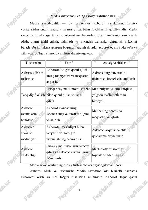 tnning kim tomonidan yozilgani, qaysi maqsadda taqdim etilgani ham e’tiborga olinadi. bu bosqichda matn mazmuni haqida umumiy tasavvur hosil qilinadi. matnni tahlil qilish: matnni chuqurroq o‘rganish uchun uning tarkibi, uslubi va tuzilishi tahlil qilinadi. bu jarayonda muallifning fikrlarini qanday asoslashiga, qaysi dalillardan foydalanishiga, mantiqiy xatolar yoki manipulyatsiyalar mavjudligiga e’tibor qaratiladi. manipulyatsiya va noto‘g‘ri ma’lumotlarni aniqlash: axborot matnlarida ko‘pincha ma’lumotlarni noto‘g‘ri talqin qilish, chalg‘itish yoki hissiyotlarga ta’sir qilish kabi manipulyatsiyalar bo‘lishi mumkin. ushbu usul orqali matnda bunday holatlar aniqlanadi va ular haqida xulosa chiqariladi. manbalarni solishtirish va tekshirish: axborot matnidagi ma’lumotlarni boshqa ishonchli manbalar bilan solishtirish va tekshirish muhimdir. bu bosqichda bir xil mavzu bo‘yicha turli manbalardan olingan ma’lumotlar taqqoslanadi, ularning qaysi biri aniqroq va ishonchli ekanligi aniqlanadi. fikr bildirish va xulosalar chiqarish: axborot matni asosida o‘z fikrini shakllantirish va asoslash media savodxonlik ko‘nikmasining ajralmas qismidir. shuningdek, matndan olingan xulosalar aniq va mantiqiy bo‘lishi kerak. axborot matnlar bilan ishlash usullarini yaxshi …