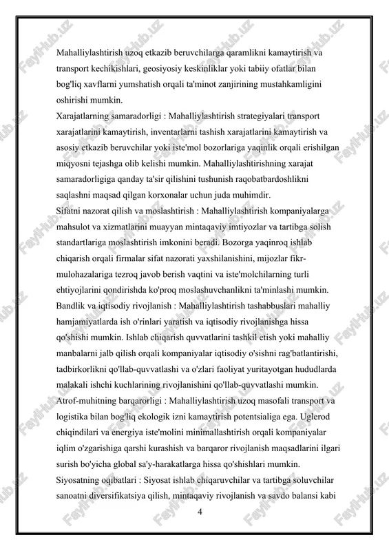 iyatlar tahlil qilinadi. ushbu kurs ishining mavzusi global biznes landshafti doirasida ishlab chiqarishni tashkil etishni shakllantirishda mahalliylashtirishning roli. u mahalliylashtirishning nazariy asoslarini, shu jumladan uning iqtisodiy asoslarini va ta'minot zanjirini boshqarishga ta'sirini o'rganadi. kurs ishi mahalliylashtirish amaliyotiga oid tarixiy istiqbollarni o‘rganadi, muvaffaqiyatli mahalliylashtirish tashabbuslarining amaliy tadqiqotlarini o‘rganadi va mahalliylashtirishning ishlab chiqarish samaradorligi, tannarxni pasaytirish, sifat nazorati va ta’minot zanjirining mustahkamligiga ta’sirini baholaydi. bundan tashqari, u rivojlanayotgan texnologiyalarga, iste'molchilarning xohish-istaklarining o'zgarishiga va rivojlanayotgan tartibga solish muhitiga javoban mahalliylashtirishning kelajakdagi tendentsiyalari va istiqbollarini o'rganadi. kurs ishi mavzusining maqsadi kurs ishining maqsadi: ushbu kurs ishining maqsadi ishlab chiqarishni tashkil etish kontekstida mahalliylashtirishning rolini o'rganishdir. bu mahalliylashtirish strategiyalari turli sohalarda ishlab chiqarish tizimlarining tuzilishi, samaradorligi va barqarorligiga qanday ta'sir qilishini tushunishga qaratilgan. kurs ishi mahalliylashtirish qarorlari ortidagi motivlarni, uning qabul qilinishiga turtki bo'lgan omillarni va globallashgan iqtisodiyotda faoliyat yuritayotgan korxonalar uchun oqibatlarini tahlil qilishga intiladi. kurs ishining tarkibi. kurs ishi kirish, 4 ta reja, …