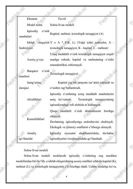 atlar iqtisodiyotini rivojlantirishda qo‘llaniladi. solou-svan modeli solou-svan modeli neoklassik iqtisodiy o‘sishning eng mashhur modellardan biri bo‘lib, u ishlab chiqarishning asosiy omillari sifatida kapital (k), mehnat (l) va texnologik taraqqiyotni (a) hisobga oladi. ushbu modelga ko‘ra, 5 iqtisodiy o‘sishning asosiy manbai texnologik rivojlanish hisoblanadi, chunki texnologiya o‘sish jarayonini rag‘batlantiradi va iqtisodiyotda resurslarning samarali taqsimlanishini ta’minlaydi.2 modelda ishlab chiqarish funktsiyasi quyidagicha ifodalangan: y = a * f(k, l), bu yerda y – yalpi ichki mahsulot (yim), a – texnologik taraqqiyot, k – kapital, va l – mehnat resurslari. bu formuladan shuni ko‘rishimiz mumkinki, o‘sishning uzoq muddatli barqarorligi asosan texnologik taraqqiyotga bog‘liq. ushbu modelda kapital va mehnatning o‘sishi o‘z-o‘zidan ishlab chiqarishning samaradorligini oshirmaydi, balki texnologik yangilanishlar yordamida o‘sish davom etadi. neoklassik modelning afzalliklari neoklassik iqtisodiy o‘sish modellari bir qator afzalliklarga ega. birinchidan, u iqtisodiy o‘sishning uzoq muddatli manbalarini, ya'ni texnologik taraqqiyot va resurslar samaradorligini aniq tushuntiradi. bu modelga ko‘ra, davlatlar o‘z iqtisodiyotlarini faqatgina …