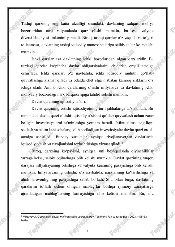 dan, davlat qarzi o‘sishi iqtisodiy o‘sishni qo‘llab-quvvatlash uchun zarur bo‘lgan investitsiyalarni ta'minlashga yordam beradi. infratuzilma, sog‘liqni saqlash va ta'lim kabi sohalarga olib boriladigan investitsiyalar davlat qarzi orqali amalga oshiriladi. bunday xarajatlar, ayniqsa rivojlanayotgan davlatlarda iqtisodiy o‘sish va rivojlanishni tezlashtirishga xizmat qiladi.3 biroq, qarzning ko‘payishi, ayniqsa, uni boshqarishda qiyinchiliklar yuzaga kelsa, salbiy oqibatlarga olib kelishi mumkin. davlat qarzining yuqori darajasi inflyatsiyaning ortishiga va valyuta kursining pasayishiga olib kelishi mumkin. inflyatsiyaning oshishi, o‘z navbatida, narxlarning ko‘tarilishiga va aholi farovonligining pasayishiga sabab bo‘ladi. shu bilan birga, davlatning qarzlarini to‘lash uchun olingan mablag‘lar boshqa ijtimoiy xarajatlarga ajratiladigan mablag‘larning kamayishiga olib kelishi mumkin. bu, o‘z 3 mirzayev a. o‘zbekiston davlat moliyasi: tizim va boshqaruv. toshkent: fan va taraqqiyot, 2023. – 55–63- betlar. 5 navbatida, ijtimoiy xizmatlar va davlatning boshqa rivojlantirish dasturlariga xalaqit berishi mumkin. davlat qarzini boshqarish: davlat qarzining samarali boshqarilishi iqtisodiy barqarorlikni ta'minlashda muhim ahamiyatga ega. qarzni boshqarish strategiyasi nafaqat qarzning o‘z vaqtida va …