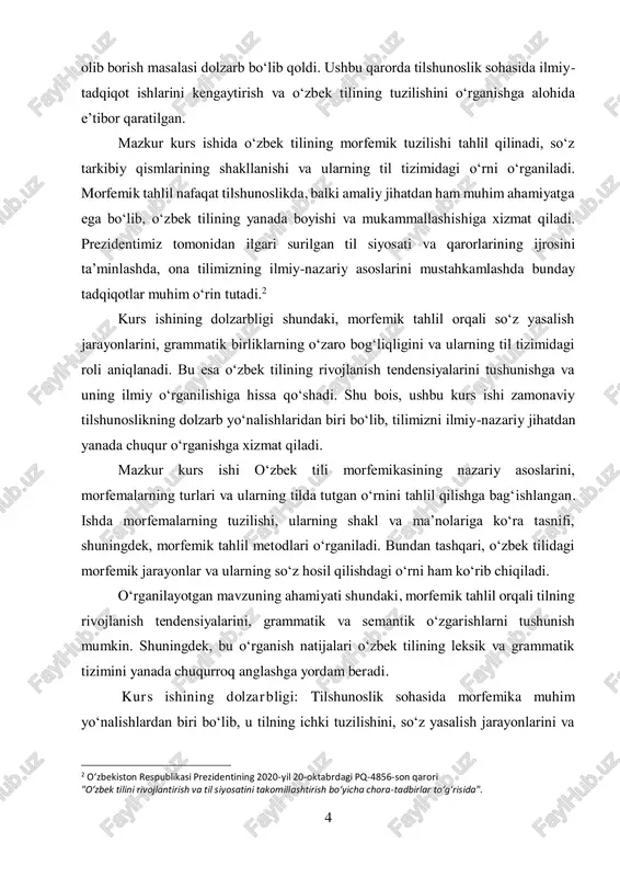 sh masalalarini hal qilishda muhim ahamiyat kasb etadi. ayniqsa, texnologiyaning rivojlanishi bilan kompyuter lingvistikasi, avtomatik tarjima va sun’iy intellekt sohalarida til birliklarining tahlili tobora dolzarb bo‘lib bormoqda. shu bois, o‘zbek tilidagi morfemik tuzilmani o‘rganish nafaqat nazariy, balki amaliy jihatdan ham katta ahamiyatga ega. bundan tashqari, o‘zbek tilining rivojlanishi va xalqaro miqyosda o‘rganilishi morfemik tahlilning ahamiyatini yanada oshiradi. o‘zbek tilining grammatik va morfemik xususiyatlarini chuqur o‘rganish til o‘qitish, tarjima, lug‘atshunoslik va boshqa sohalarda ham muhim ilmiy-amaliy asos yaratadi. kurs ishining maqsadi: mazkur kurs ishining asosiy maqsadi – o‘zbek tilining morfemik tuzilishini tahlil qilish, morfemalarning turlari va ularning tilda tutgan o‘rnini aniqlash hamda morfemik tahlil metodlarini yoritishdan iborat. shuningdek, quyidagi vazifalar belgilab olinadi:  morfemika va morfema tushunchalarini nazariy jihatdan o‘rganish;  o‘zbek tilidagi morfemalarning tasnifini yoritish;  morfemalarning fonetik va semantik o‘zgarishlarini tahlil qilish;  morfemik tahlil usullari va ularning qo‘llanilishini ko‘rsatish;  o‘zbek tilida so‘z hosil qilish jarayonida morfemalarning ahamiyatini …