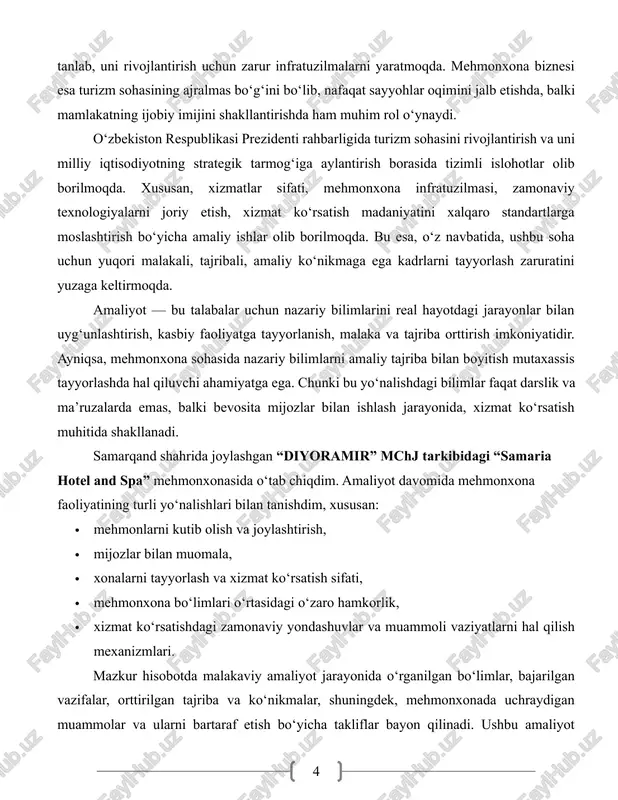 r markazlarga yaqinligi bilan ajralib turadi. mehmonxona zamonaviy dizayn, ekologik toza qurilish materiallari, texnologik uskunalar va yuqori sifatli xizmat ko‘rsatish tizimiga ega. 2-rasm. samaria hotel tashqi kurinishi mehmonxona 4 yulduzli toifaga ega bo‘lib, unda mehmonlar uchun quyidagi asosiy xizmatlar mavjud: · turli toifadagi mehmon xonalari (standart, superior, deluxe va suite) · restoran va kafe xizmatlari · spa markazi, sauna, basseyn, massaj xonalari · konferens-zal va biznes markaz · 24 soatlik qabulxona (reception) va mijozlarni qo‘llab-quvvatlash xizmati · avtoturargoh va xavfsizlik tizimi mehmonxona o‘z faoliyatida xalqaro standartlarga mos xizmat ko‘rsatishga intiladi. bu esa, nafaqat mahalliy, balki xorijiy sayyohlarning ham e’tiborini jalb qilmoqda. xodimlar tarkibi malakali va ko‘p tillarni biladigan mutaxassislardan tashkil topgan bo‘lib, bu xizmat sifati va mehmonlar roziligini ta’minlashda muhim rol o‘ynaydi. mehmonxona ichki tuzilmasi bir nechta asosiy bo‘limlardan iborat bo‘lib, ular quyidagilar: · qabulxona (reception) – mehmonlarni kutib olish, ro‘yxatdan o‘tkazish, ma’lumot berish. 3-rasm. qabulxona (reception) · xonalarni tayyorlash …