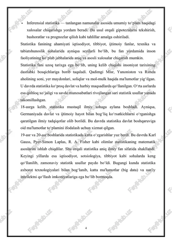 kuzatish — butun umumiy to‘plam to‘liq o‘rganiladi. · tanlanma kuzatish — umumiy to‘plamning faqat bir qismi tanlanib o‘rganiladi. · davriy kuzatish — ma'lum davr oralig‘ida ma'lumotlar yig‘iladi (masalan, har yilgi aholi sanog‘i). · bir martalik kuzatish — bir martalik yoki vaqtinchalik jarayonlar uchun amalga oshiriladi. o‘rtacha va tarqoqlik ko‘rsatkichlari: statistik tahlilda o‘rtacha va tarqoqlik ko‘rsatkichlari muhim rol o‘ynaydi: · o‘rtacha ko‘rsatkichlar — tanlanma yoki umumiy to‘plamning markaziy qiymatini ifodalaydi. eng ko‘p qo‘llaniladigan o‘rtacha ko‘rsatkichlar: · o‘rtacha arifmetik — qiymatlar yig‘indisini ularning soniga bo‘lish orqali topiladi. · median — barcha qiymatlar ketma-ket joylashganida markaziy qiymatni ifodalaydi. · moda — eng ko‘p uchraydigan qiymat. · tarqoqlik ko‘rsatkichlari — qiymatlarning o‘zgaruvchanligini ifodalaydi. eng ko‘p qo‘llaniladigan tarqoqlik ko‘rsatkichlari: · dispersiya — qiymatlarning o‘rtacha qiymatdan chetlanishi. · standart og‘ish — dispersiyaning kvadrat ildizi bo‘lib, qiymatlarning o‘zgaruvchanligini o‘lchaydi. statistik jadval va grafiklar yordamida tahlil qilish: statistik tahlilda ma'lumotlarni taqdim etish uchun jadval va grafiklar qo‘llaniladi. bu …