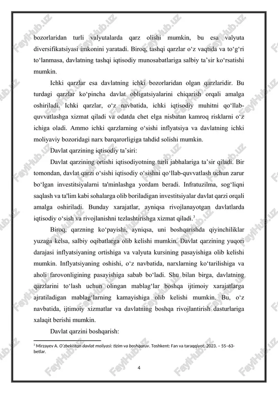 at qarzi o‘sishi iqtisodiy o‘sishni qo‘llab-quvvatlash uchun zarur bo‘lgan investitsiyalarni ta'minlashga yordam beradi. infratuzilma, sog‘liqni saqlash va ta'lim kabi sohalarga olib boriladigan investitsiyalar davlat qarzi orqali amalga oshiriladi. bunday xarajatlar, ayniqsa rivojlanayotgan davlatlarda iqtisodiy o‘sish va rivojlanishni tezlashtirishga xizmat qiladi.[footnoteref:3] [3: mirzayev a. o‘zbekiston davlat moliyasi: tizim va boshqaruv. toshkent: fan va taraqqiyot, 2023. – 55–63-betlar. ] biroq, qarzning ko‘payishi, ayniqsa, uni boshqarishda qiyinchiliklar yuzaga kelsa, salbiy oqibatlarga olib kelishi mumkin. davlat qarzining yuqori darajasi inflyatsiyaning ortishiga va valyuta kursining pasayishiga olib kelishi mumkin. inflyatsiyaning oshishi, o‘z navbatida, narxlarning ko‘tarilishiga va aholi farovonligining pasayishiga sabab bo‘ladi. shu bilan birga, davlatning qarzlarini to‘lash uchun olingan mablag‘lar boshqa ijtimoiy xarajatlarga ajratiladigan mablag‘larning kamayishiga olib kelishi mumkin. bu, o‘z navbatida, ijtimoiy xizmatlar va davlatning boshqa rivojlantirish dasturlariga xalaqit berishi mumkin. davlat qarzini boshqarish: davlat qarzining samarali boshqarilishi iqtisodiy barqarorlikni ta'minlashda muhim ahamiyatga ega. qarzni boshqarish strategiyasi nafaqat qarzning o‘z vaqtida va to‘g‘ri shartlar …