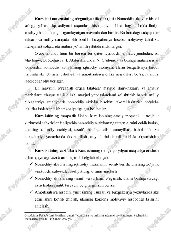ktivlarning amaldagi hisobi, ularni e’tirof etish mezonlari, hisob siyosati doirasidagi yondashuvlar hamda moliyaviy hisobotlarda to‘g‘ri aks ettirilishiga alohida e’tibor qaratiladi. ishning nazariy va metodologik asoslari: kurs ishining nazariy asosini iqtisodiyot va buxgalteriya hisobi sohasidagi yetuk olimlarning ilmiy ishlari, iqtisodiy adabiyotlar, darsliklar, monografiyalar hamda maqolalar tashkil etadi. xususan, nomoddiy aktivlarning mohiyati, ularning tasnifi, baholanishi va hisobi bilan bog‘liq ilmiy nazariyalar tahlil qilinadi. shuningdek, ushbu ishni tayyorlashda quyidagi huquqiy-me’yoriy hujjatlar ham asos qilib olindi: · o‘zbekiston respublikasining “buxgalteriya hisobi to‘g‘risida”gi qonuni; · o‘zbekiston respublikasi moliya vazirligi tomonidan tasdiqlangan milliy buxgalteriya hisobi standartlari; · xalqaro moliyaviy hisobot standartlari, xususan, ias 38 – "nomoddiy aktivlar"; · o‘zbekiston respublikasi soliq kodeksi va boshqa tegishli normativ-huquqiy hujjatlar. metodologik jihatdan ishda taqqoslash, tahlil qilish, statistik ma’lumotlarni qayta ishlash, umumlashtirish, grafik va jadval usullari, shuningdek, amaliy misollar asosida yondashuvlar qo‘llanilgan. nazariy bilimlar amaliy ma’lumotlar bilan bog‘lanib, mavzuning real iqtisodiy sharoitdagi ahamiyati yoritilgan va mavjud muammolar asosida ilmiy xulosalar …