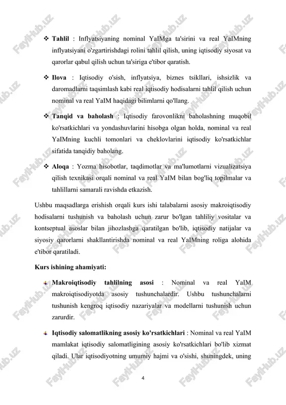 va o'sishni rag'batlantirishga qaratilgan ongli qarorlar qabul qilish uchun yaim ma'lumotlariga tayanadilar. · biznes qarorlarini qabul qilish : korxonalar bozor sharoitlarini baholash, investitsiya qarorlarini qabul qilish va strategik rejalarni ishlab chiqish uchun yaim ma'lumotlaridan foydalanadilar. · moliyaviy bozorlarga ta'siri : yaim ma'lumotlari moliyaviy bozorlarga sezilarli ta'sir ko'rsatadi. investorlar yaim relizlarini diqqat bilan kuzatib boradilar, chunki ular iqtisodiyotning yo'nalishi, investitsiya strategiyalari va aktivlar narxiga ta'sir qiluvchi qimmatli ma'lumotlarni taqdim etadi. · iqtisodiy tebranishlarni tushunish : nominal va real yaim ma'lumotlari iqtisodiy tebranishlar va biznes tsikllarini tushunishda muhim ahamiyatga ega. yaimdagi o'zgarishlarni tahlil qilib, iqtisodchilar kelajakdagi iqtisodiy tendentsiyalarni bashorat qilishni osonlashtirib, kengayish, tanazzul va tiklanish davrlarini aniqlashlari mumkin. · turmush darajasini baholash : aholi jon boshiga real yaim ko'pincha mamlakatda turmush darajasi va iqtisodiy farovonlikdagi o'zgarishlarni o'lchash uchun proksi sifatida ishlatiladi. aholi jon boshiga real yaimdagi tendentsiyalarni tahlil qilib, siyosatchilar fuqarolarning turmush darajasini yaxshilashga qaratilgan siyosat samaradorligini baholashlari mumkin. · xalqaro taqqoslashlar …