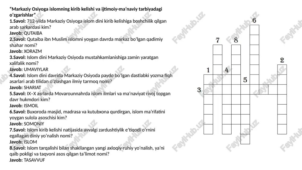 avlatida yoshlarni jasurlik, vatanparvarlik va axloqqa o‘rgatishda asosiy vosita hisoblangan tushuncha nomi? javob: tarbiya temuriy malikalar va ularning ijtimoiy-tarbiyaviy o‘rni savol: amir temurning rafiqasi bo‘lgan, samarqanddagi mashhur masjid qurilishiga homiylik qilgan malika nomi? javob: saroymulkhonim savol: hirotda madaniyat va san’atni qo‘llab-quvvatlagan, ulug‘bekning onasi bo‘lgan temuriy malika nomi? javob: gavharshod savol: gavharshodbegim tomonidan qurilgan, mashhur madrasa joylashgan shahar nomi? javob: hirot savol: temuriy malikalar faoliyati orqali rivoj topgan, ayollar ta’lim-tarbiyasi bilan bog‘liq asosiy yo‘nalish? javob: ma’rifat savol: saroymulkxonim davrida ayollar orasida keng targ‘ib qilingan ezgulik va saxovat g‘oyasini ifodalovchi tushuncha? javob: saxiylik savol: temuriy malikalar tashabbusi bilan bunyod etilgan madrasa, masjid va bog‘lar qaysi soha rivojiga xizmat qilgan? javob: madaniyat savol: gavharshodbegim davrida saroy va ayollar majlislari orqali yosh avlodga singdirilgan qadriyat nomi? javob: axloq savol: temuriy malikalar siyosiy va ma’naviy hayotda tutgan o‘rnini ifodalovchi umumiy tarixiy atama? javob: homiylar alisher navoiy shaxsiyati va uning ilmiy-badiiy merosida tarbiya masalasining ustuvorligi savol: …