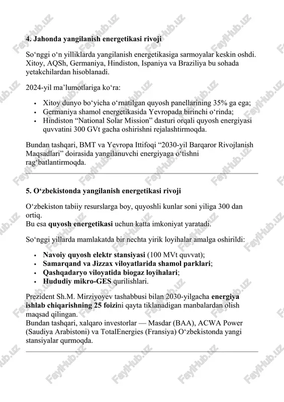 sh energetikasi — insoniyat kelajagining kalitidir. bu soha ekologiyani himoya qilish, resurslardan oqilona foydalanish, iqtisodiy mustaqillikni ta’minlash va yangi texnologiyalarni rivojlantirish imkonini beradi. o‘zbekiston uchun yangilanish energetikasi nafaqat iqtisodiy zarurat, balki strategik yo‘nalishdir. quyosh va shamol manbalari mamlakat energiya balansini diversifikatsiya qilish, eksport salohiyatini oshirish hamda yangi ish o‘rinlari yaratishga xizmat qiladi. shunday ekan, har bir mutaxassis, talaba va tadqiqotchi bu sohada chuqur bilimga ega bo‘lishi zarur. yangilanish energetikasi — bu kelajakni barqaror va toza saqlash yo‘lida insoniyatning eng muhim qadami hisoblanadi. foydalanilgan adabiyotlar 1. mirziyoyev sh.m. yangi o‘zbekiston strategiyasi. toshkent, 2022. 2. xalqaro energetika agentligi (iea) hisobotlari, 2024. 3. “o‘zbekiston respublikasida qayta tiklanuvchi energiya manbalarini rivojlantirish to‘g‘risida”gi qonun, 2019-yil. 4. www.energy.uz — o‘zbekiston energetika vazirligi rasmiy sayti. 5. renewable energy world, 2023-yil soni. 6. the future of clean energy — cambridge press, 2022.