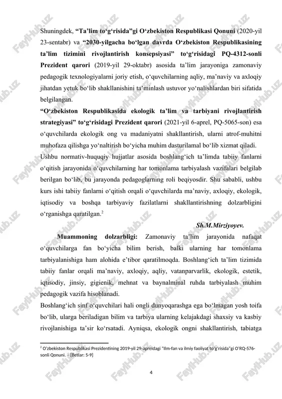 llarni o‘rganish va samarali usullarni aniqlashga qaratilgan. kurs ishining ob’ekti: boshlang‘ich ta’lim tizimida tabiiy fanlarni o‘qitish jarayoni va uning tarbiyaviy ahamiyati. kurs ishining predmeti: tabiiy fanlarni o‘qitish jarayonida o‘quvchilarni ma’naviy, axloqiy, aqliy, vatanparvarlik, ekologik, estetik, iqtisodiy, jinsiy, gigienik, mehnat va baynalminal ruhda tarbiyalashning pedagogik asoslari va samarali usullari. kurs ishining vazifalari: · boshlang‘ich ta’limda tabiiy fanlarning tarbiyaviy ahamiyatini o‘rganish; · tabiiy fanlar orqali o‘quvchilarda ma’naviy, axloqiy va aqliy tarbiyani shakllantirish imkoniyatlarini aniqlash; · o‘quvchilarda ekologik ong va vatanparvarlik hissini rivojlantirish usullarini tahlil qilish; · tabiiy fanlar darslarida estetik, iqtisodiy va mehnat tarbiyasini amalga oshirish metodlarini o‘rganish; · gigiyenik va jinsiy tarbiya berishning pedagogik asoslarini tahlil qilish; · tabiiy fanlar orqali baynalminal tarbiyani shakllantirish imkoniyatlarini aniqlash; · zamonaviy pedagogik texnologiyalar va innovatsion yondashuvlardan foydalanish bo‘yicha tavsiyalar ishlab chiqish. kurs ishining metodlari: nazariy tahlil – tabiiy fanlar ta’limining tarbiyaviy jihatlari bo‘yicha ilmiy-adabiyotlarni o‘rganish va tahlil qilish; · tajriba-sinov metodi – tabiiy fanlar …