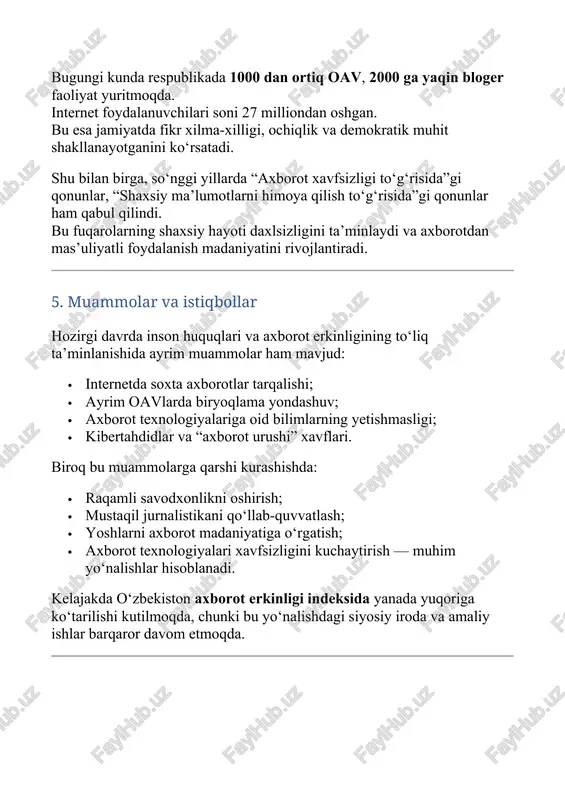 kasb etadi. inson huquqlari va axborot erkinligini himoya qilish — bu nafaqat qonuniy majburiyat, balki jamiyatning madaniy va ma’naviy yetuklik darajasini ko‘rsatadi. foydalanilgan adabiyotlar 1. bmt “inson huquqlari umumjahon deklaratsiyasi”, 1948-yil. 2. mirziyoyev sh.m. yangi o‘zbekiston strategiyasi. toshkent, 2022. 3. o‘zbekiston respublikasi konstitutsiyasi, 2023-yil tahriri. 4. o‘zbekiston respublikasi “axborot erkinligi to‘g‘risida”gi qonuni, 2018-yil. 5. www.un.org, www.lex.uz, www.gov.uz. 6. unesco “freedom of expression and access to information”, 2023.