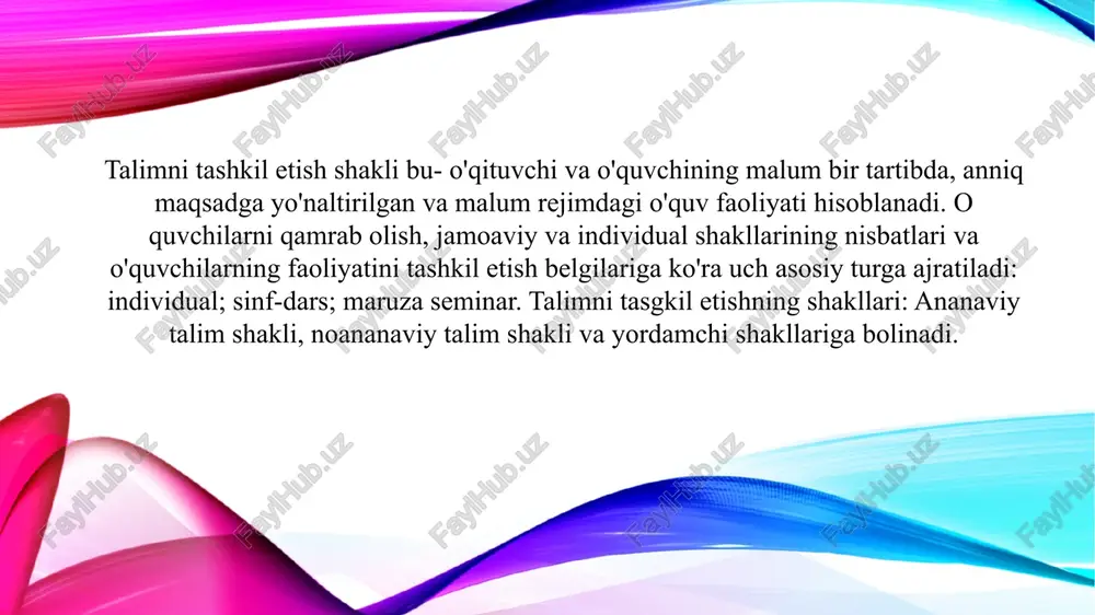 qishlari asosida tashkil etiladi: to'garaklar, klublar, olimpiadalar, viktorinalar, korgazmalar va ekspeditsiyalar shular jumlasidandir. talim jarayonida, shuningdek, darsning quyidagi yordamchi turlaridan ham foydalaniladi: fan to'garaklari yo'nalishi, mazmuni, ish metodi, o'qitish vaqti kabi jihatlari ajralib turadi. oquvchilarning qiziqish va qobiliyatlarini rivojlantirish va asosiysi, o'qishga ijobiy munosabatini shakllantirishga bu kabi to'garaklar yodam beradi. to'garaklarni o'qitishda uning hayot bilan aloqasiga va fanlararo bogliqligiga alohida e'tibor qaratish joiz. sababi, darsdan tashqari to'garaklar o'quv jarayonining faolligini oshirishi va o'quvchilarning ishlarini sifatini oshirish darkor. talimning yordamchi shakllaridan ekskursiyalar ham joy olgan. ular ommaviy, guruhli va kichik guruhli bo lishi mumkin. oquv ekskursiyalarialohida fanlar yuzasidan ham tashkillashtiriladi. ekskursiyaning muvaffaqiyatli o'tishi o'qituvchining puxta tayyorgarligiga, obyekt va mashrut bilan oldindan tanishib chiqishiga va o'quvchilarni topshiriqlarni bajarishga jalb qila olishiga bogliq. ekskursiyani o'tkazish metodikasi: mavzu, didaktik maqsad, o'quchilarning yoshi hamda ekskursiya obyektiga qarab tanlanadi. o quvchilarda kuzatish va tahlil qilishga oid ko nikmalarini shakllantirishda o'quv ekskursiyalarining o'rni katra. oquv ekskursiyalari o'quv …