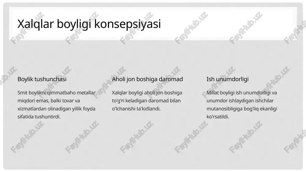 a ajratib ko‘rsatiladi: yer egalari, tadbirkorlar, yollanma ishchilar. - yer egalari qo‘lida asosiy ishlab chiqarish vositasi yer bo‘ladi. ular ijaraga bergan yeri uchun ijara to’lovlari sifatida ushbu yerdan olingan daromadning bir qismini renta ko‘rinishida oladi; - tadbirkorlar ishlab chiqarish vositalarining ikkinchi bir-turiga (imorat-inshootlar, asbob-uskunalar, fermalar, xomashyo zaxiralariga) egalik qiladi, ishchilarni yollaydi va daromad ko‘rinishida foyda oladi; - yollanma ishchilar - eng ko‘p kambag‘al sinf hisoblanadi, ular mulk egasi emas va ular mehnatini sotib, daromad ko‘rinishida ish haqi oladi daromad nazariyasi ish haqi nazariyasi mehnat uchun to'lanadigan haq va uning shakllanishi foyda nazariyasi tadbirkorlik faoliyatidan olinadigan daromad renta nazariyasi yer va boshqa tabiiy resurslardan olinadigan daromad 14 narx nazariyasi nominal narx taklif va mahsulot narxlari asosida shakllanadi. talab va taklif bozordagi narx talab va taklifning har ikkisi tomonidan belgilanadi. tabiiy narxlar ba'zi hollarda tabiiy narxlar ham talab va taklifga bog'liq bo'ladi. 15 taqsimot nazariyasi shaxsiy daromad daromadning shaxsiy taqsimoti sotilgan mahsulot …
