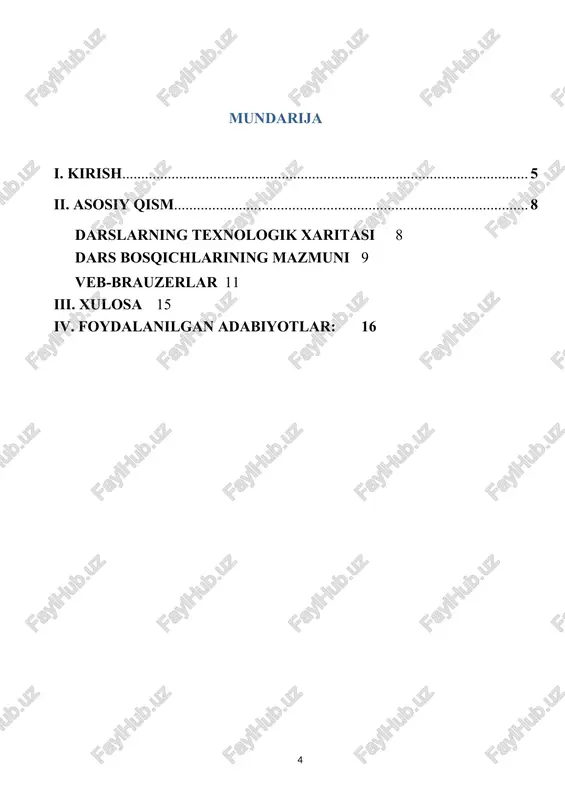 chik guruhda ishlaydi. guruhli ish, interfaol savol-javob. o‘quvchilar mavzuni mustahkamlaydi, to‘g‘ri javob bera oladi. mustahkamlash 10 daqiqa 6 darsni umumlashtiradi, faol o‘quvchilarni baholaydi, uyga vazifani beradi. dars yuzasidan fikr bildiradi, savollar beradi. tahlil, fikr almashish. o‘quvchilar dars mazmunini umumlashtiradi, bilimini mustahkamlaydi. yakuniy bosqich 5 daqiqa dars bosqichlarining mazmuni 1. tashkiliy qism: sinfni darsga tayyorlash, o‘quvchilarni guruhlarga bo‘lish, kerakli jihozlarni ishga tushirish. 1. “baxs-munozara ”. o`quvchilar diqqatini jamlash uchun o`qituvchi: respublikamizda axborot xavfsizligi doirasida qilinayotgan ishlar haqida, ma`naviyatimizga zid bo`lgan axborotlarni izlamasdan, internet tarmog`idan oqilona foydalanish kerakligini uqtirib o‘tadi. ba’zi yoshlar internetdan o’z bilimlarini oshirish uchun emas, balki boshqa ko’ngil ochar inson axloqini buzadigan turli saytlarga “sayohat” qilish bilan ovvora bo’lishgan. siz bulardan xulosa chiqargan holda internetdan faqat o’z bilimlaringizni oshirish uchungina foydalaning. bunda sizga “ziyonet”,kitob.uz kabi saytlar yordam berishi mumkin. guruhlarimiz dars so’ngida 1,2,3 o’rinlarga ajratiladilar. 4k modeli — bilaman (k1), bilmoqchiman (k2), bilib oldim (k3), qo‘llay olaman (k4) bosqichlariga …