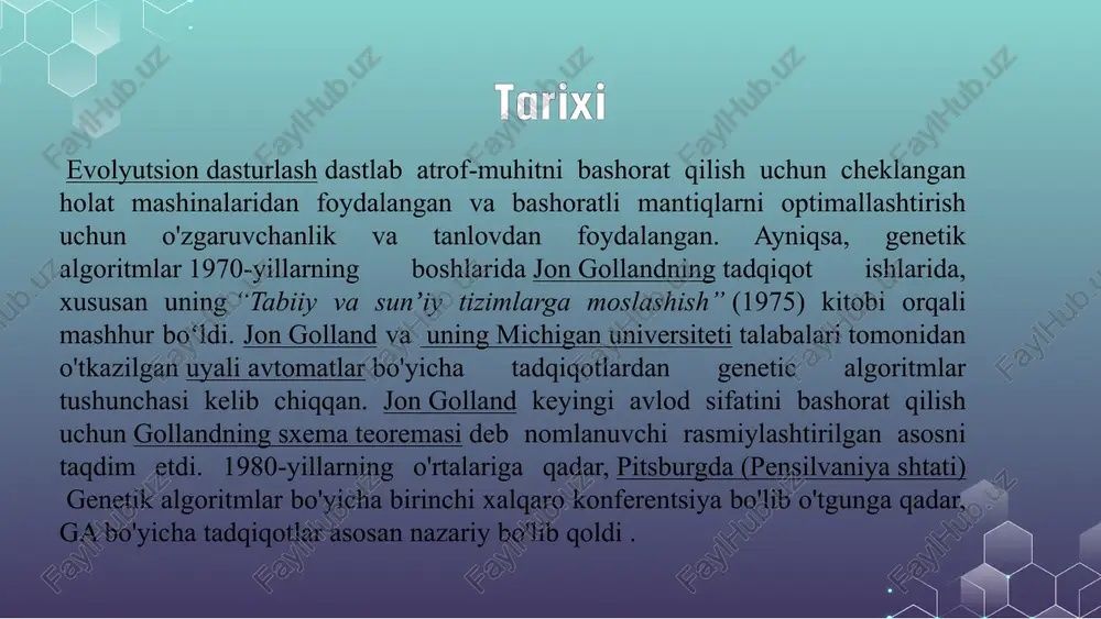 tiradi. 6. takrorlash - yuqorida sanab o'tilgan bosqichlar maqsadga erishilguncha takrorlanadi. namuna: 1-misol: f(x) = x² funksiyaning eng kichik qiymatini toppish maslasini genetic algoritm bosqichlarini qo`llab ko`rib chiqaylik (masalan, 0 ga eng yaqin). 1. boshlang‘ich populyatsiya yaratish: avval bir necha tasodifiy sonlarni tanlaymiz. masalan: x₁ = -5 x₂ = 2 x₃ = 7 x₄ = -1 2-qadam: 2. fitness funksiyasini hisoblash (f(x) = x²): f(-5) = 25 f(2) = 4 f(7) = 49 f(-1) = 1 bu yerda f(x) qanchalik kichik bo‘lsa, yechim shunchalik yaxshi. demak, -1 (f=1) — eng yaxshi natija. 3-qadam: 3. seleksiya (eng yaxshilarni tanlash): masalan, -1 va 2 ni tanlaymiz (f=1 va f=4) 4-qadam 4. krossover (chalkashish): -1 va 2 ni olib, yangi qiymatlar yaratamiz. masalan: yangisi 1 yana biri -2 5-qadam 5. mutatsiya (tasodifiy o‘zgarish): yangilangan yechimlardan birini 0.5 ga o‘zgartiramiz: -2 → -1.5 6-qadam 6. yangi avlod va takrorlash: yangi populyatsiya: -1.5, 1, -1, …