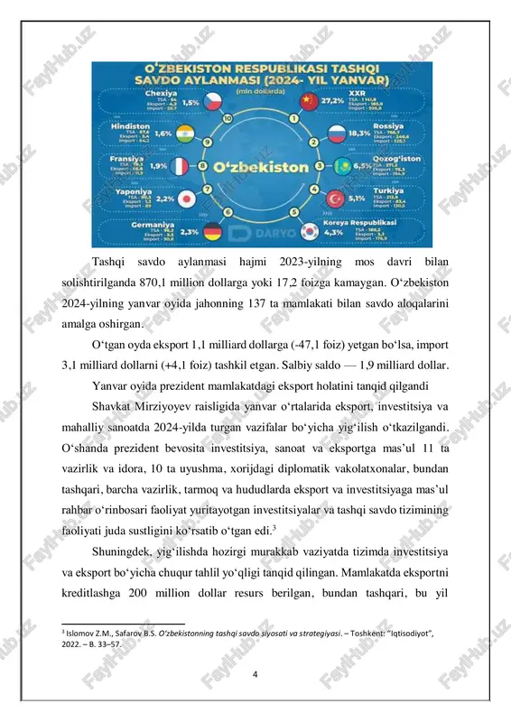 rtni kreditlashga 200 million dollar resurs berilgan, bundan tashqari, bu yil 3 islomov z.m., safarov b.s. o‘zbekistonning tashqi savdo siyosati va strategiyasi. – toshkent: “iqtisodiyot”, 2022. – b. 33–57. 5 eksportchilarni qo‘llab-quvvatlashga 800 milliard so‘m yo‘naltirilmoqda. prezident eksport agentligi eksportchilarga haqiqiy ko‘makchi bo‘lish o‘rniga davlatdan berilgan tayyor pulni yo‘naltiradigan “buxgalter-kassir”ga aylanib qolganini tanqid qilgan edi. undan oldinroq esa davlat rahbari iqtisodiy kompleksdagi o‘rinbosarlar sonini 15 foizga qisqartirish bo‘yicha taklif kiritishga topshiriq bergandi. bunda har bir tumanda, viloyatdagi iqtisodiy kompleksning rahbar va o‘rinbosarlari hamda 11 ta vazir va idora rahbarlari hamda ularning o‘rinbosarlariga masʼuliyati va javobgarligi aniq belgilab beriladi. so‘rov ham shunga yarasha qattiq bo‘ladi. o‘zbekistonning tashqi savdo siyosati o‘zbekiston mustaqillikning dastlabki yillarida asosan ichki bozorga tayangan holda, tashqi iqtisodiy aloqalarni bosqichma-bosqich rivojlantirish siyosatini yuritdi. ammo so‘nggi yillarda, ayniqsa 2017-yildan boshlab, tashqi savdo siyosatida tub burilishlar kuzatildi. prezident shavkat mirziyoyev rahbarligida olib borilayotgan islohotlar natijasida o‘zbekiston ochiq iqtisodiyot sari yo‘l oldi …