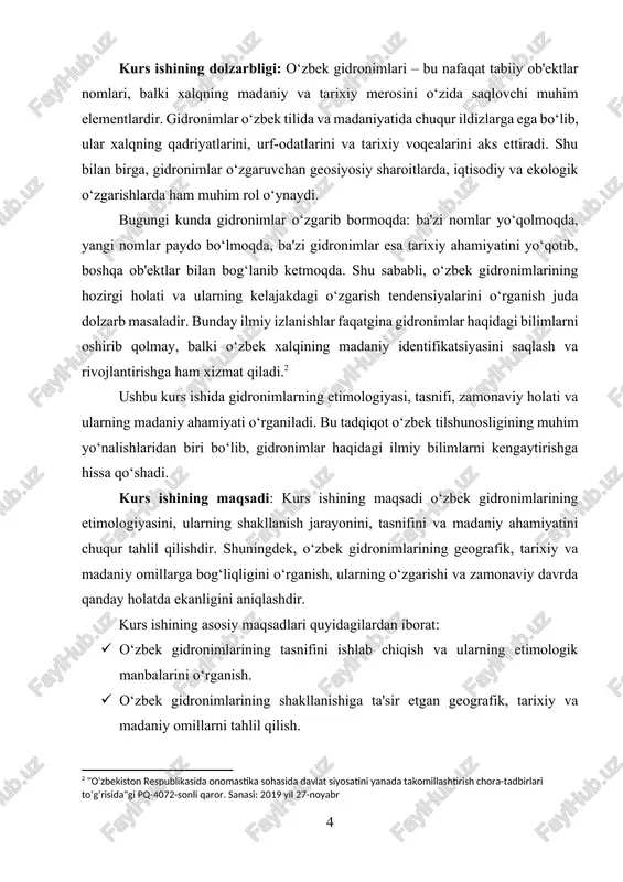 mborlari va boshqa suv manbalarining nomlarini ifodalovchi so‘zlar sifatida qaraladi. o‘rganish uchun tanlangan gidronimlar, ularning tarixiy va geografik o‘rni, shakllanish jarayonlari, etimologik manbalari va zamonaviy holati kurs ishi obyekti sifatida belgilangan. kurs ishida o‘zbek gidronimlarining tahlili, ularning lingvistik xususiyatlari va madaniy ahamiyati o‘rganiladi. gidronimlarning turlari, ularning tilshunoslikda qanday o‘rin tutishi va xalq madaniyatidagi roli ham obyektda ko‘rib chiqiladi. kurs ishining predmeti: kurs ishining predmeti – o‘zbek gidronimlarining etimologiyasi, shakllanishi, tasnifi va zamonaviy holati bo‘lib, bu gidronimlarning lingvistik, tarixiy, geografik va madaniy jihatlaridan iboratdir. predmetga o‘zbek gidronimlarining kelib chiqishi, ularning tilshunoslikda o‘rni, hududiy va madaniy ta'sirlari, shuningdek, zamonaviy davrdagi o‘zgarishlar va yangi gidronimlarning paydo bo‘lishi kiradi. shuningdek, predmet sifatida gidronimlarning xalq og‘zaki ijodidagi roli, ularning o‘zgarishi va saqlanishi masalalari ham tadqiqot doirasiga kiradi. bu orqali o‘zbek gidronimlarining tili va madaniyati bilan bog‘liq jihatlarni chuqur o‘rganish mumkin. kurs ishining vazifalari: kurs ishining vazifalari quyidagilardan iborat: · o‘zbek gidronimlarining tasnifini ishlab chiqish – …