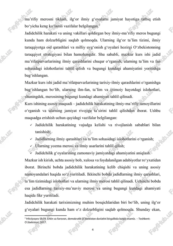 udga kelgan milliy-ma’rifiy uyg‘onish harakatidir. bu harakatning asosiy maqsadi millatni jaholatdan chiqarish, ilm-fanni rivojlantirish va zamonaviy bilimlar asosida jamiyatni isloh qilish edi. jadidlar ta’lim tizimini isloh qilish, yangi maktablar tashkil etish, matbuotni rivojlantirish va zamonaviy ilm-fanni targ‘ib qilish orqali milliy taraqqiyotga xizmat qilishga intildilar. bugungi kunda jadidchilik g‘oyalari milliy o‘zlikni anglash, ilm-fan taraqqiyoti va ma’rifiy islohotlar nuqtai nazaridan dolzarbligini saqlab qolmoqda. xxi asr globallashuv sharoitida milliy madaniyat va ta’lim tizimining rivojlanishida jadidlarning ilg‘or fikrlari muhim ahamiyat kasb etmoqda. ularning ilm-fan, ta’lim va matbuot borasidagi qarashlari hozirgi zamon taraqqiyot jarayonlari bilan bog‘liq holda chuqur o‘rganilishi lozim. shuningdek, jadidchilik harakati milliy ong va istiqlol g‘oyalarining shakllanishida katta rol o‘ynagan. ularning tarixiy-ilmiy qarashlari nafaqat o‘tmishda, balki hozirgi kunda ham milliy taraqqiyotimiz uchun asosiy omillardan biri hisoblanadi. shuning uchun ham ushbu mavzu nafaqat tarixiy jihatdan, balki hozirgi ta’lim va madaniy islohotlar nuqtai nazaridan ham dolzarb sanaladi. mavzuning obyekti va predmeti: tadqiqot obyekti – jadidchilik …