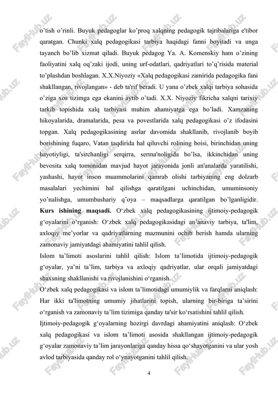 n ijtimoiy-pedagogik g‘oyalar zamonaviy ta’lim jarayonlariga qanday hissa qo‘shayotganini va ular yosh avlod tarbiyasida qanday rol o‘ynayotganini tahlil qilish. ushbu maqsadlar orqali kurs ishida o‘zbek xalq pedagogikasi va islom ta’limotidagi ijtimoiy-pedagogik g‘oyalar chuqur o‘rganilib, ularning ta’lim va tarbiya jarayonidagi roli va ahamiyati aniqlanadi. kurs ishining vazifasi: nazariy manbalarni tahlil qilish: o‘zbek xalq pedagogikasi va islom ta’limotida ijtimoiy-pedagogik g‘oyalar bo‘yicha mavjud ilmiy adabiyotlar, tarixiy manbalar va zamonaviy tadqiqotlarni o‘rganish.ijtimoiy-pedagogik g‘oyalarni aniqlash va tavsiflash: o‘zbek xalq pedagogikasi va islom ta’limotida shakllangan ijtimoiy-pedagogik g‘oyalarni ajratib olish, ularning mazmun-mohiyatini tavsiflash. taqqosiy tahlil o‘tkazish: o‘zbek xalq pedagogikasi va islom ta’limotidagi ijtimoiy-pedagogik g‘oyalarni bir-biri bilan solishtirish, ularning umumiy va o‘ziga xos jihatlarini aniqlash.zamonaviy ta’limga ta’sirini o‘rganish: o‘zbek xalq pedagogikasi va islom ta’limotidagi ijtimoiy-pedagogik g‘oyalar zamonaviy ta’lim va tarbiya jarayoniga qanday ta’sir ko‘rsatishini tahlil qilish.amaliy tavsiyalar ishlab chiqish: o‘zbek xalq pedagogikasi va islom ta’limotidagi ijtimoiy-pedagogik g‘oyalardan zamonaviy ta’lim tizimida samarali foydalanish uchun amaliy tavsiyalar ishlab chiqish.olingan natijalarni …