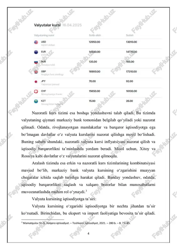 otga ta’siri: valyuta kursining o‘zgarishi iqtisodiyotga bir nechta jihatdan ta’sir ko‘rsatadi. birinchidan, bu eksport va import faoliyatiga bevosita ta’sir qiladi. 3 mamatqulov sh.q. xalqaro iqtisodiyot. – toshkent: iqtisodiyot, 2021. – 280 b. – b. 73–85. 5 masalan, agar bir mamlakatning valyutasi qadrsizlasha boshlasa, uning eksport mahsulotlari boshqa mamlakatlar bozorida arzonlashadi. bu esa eksportni oshiradi, lekin import uchun xarajatlar ortadi. import qiluvchi mamlakat uchun bu holat qimmatga tushishi mumkin, chunki ular xorijiy mahsulotlarni yuqori narxlarda sotib olishadi. ikkinchidan, valyuta kursining o‘zgarishi inflyatsiya darajasiga ham ta’sir ko‘rsatadi. agar milliy valyuta qadrsizlasha boshlasa, import qilinadigan tovarlarning narxi oshishi mumkin, bu esa ichki bozorda narxlarning oshishiga olib keladi. bu holat odatda inflyatsiyani kuchaytiradi, chunki iste'mol tovarlari va xizmatlarning narxi ko‘tariladi. inflyatsiya darajasi yuqori bo‘lgan mamlakatlarda valyuta kursining o‘zgarishi yanada jiddiy iqtisodiy muammolarga olib kelishi mumkin. uchinchidan, valyuta kursining o‘zgarishi xalqaro savdo shartnomalariga ta’sir qiladi. xalqaro savdoda, valyutalarning kuchi va zaifligi, mamlakatlarning raqobatbardoshligini belgilaydi. agar …