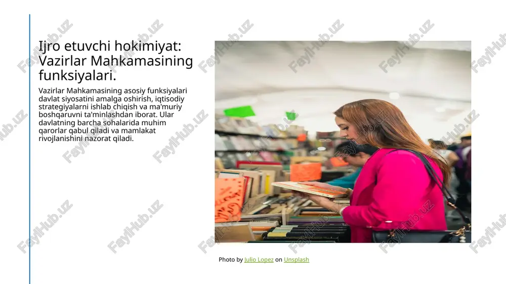 n, eksport va importning muvozanatsizligi, iqtisodiy barqarorlikni ta'minlashda qiyinchiliklar tug'diradi. xulosa 1 vazirlar mahkamasining roli - o'zbekiston vazirlar mahkamasining ijro etuvchi hokimiyatdagi o'rni mamlakatning siyosiy va iqtisodiy rivojlanishini ta'minlaydi. 2 iqtisodiy strategiyalar - vazirlar mahkamasining iqtisodiy rivojlanishga ta'siri iqtisodiy strategiyalarni amalga oshirishda innovatsiyalar va texnologiyalarni qo'llash orqali ko'rinadi. 3 muammolar va yechimlar - o'zbekiston iqtisodiyotida mavjud muammolarni hal etish uchun vazirlar mahkamasining faoliyati va qarorlari muhim ahamiyatga ega bo'lib, barqarorlikni ta'minlaydi. e'tiboringiz uchun rahmat! image1.jpg image2.jpg image3.jpg /docprops/thumbnail.jpeg