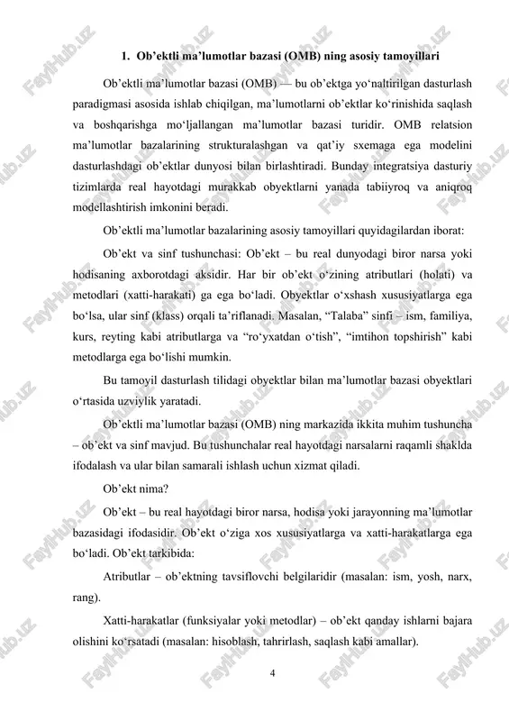 irish va faqat belgilangan interfeyslar orqali ularga murojaat qilish imkonini yaratish tamoyilidir. bu xavfsizlikni ta’minlaydi va dasturdagi murakkablikni kamaytiradi. foydalanuvchi yoki boshqa ob’ektlar ma’lumotlar ustida faqat ruxsat berilgan metodlar orqali ishlaydi. omb tizimlarida bu tamoyil orqali ma’lumotlar va ularni qayta ishlovchi kod bir joyda – ob’ekt ichida jamlanadi. inkapsulyatsiya — bu ob’ektli ma’lumotlar bazasi (omb) va ob’ektga yo‘naltirilgan dasturlashdagi asosiy tushunchalardan biridir. bu tamoyil yordamida ma’lumotlar va ular bilan bog‘liq funksiyalar (metodlar) yagona bir birlik — ob’ekt tarkibida jamlanadi. inkapsulyatsiya orqali ob’ekt ichidagi ma’lumotlar tashqi muhitdan bevosita o‘zgartirilishdan himoyalanadi. inkapsulyatsiyaning asosiy g‘oyasi: inkapsulyatsiyaning mohiyati shundan iboratki, ob’ektning ichki tuzilmasi yashirin holda saqlanadi va foydalanuvchi faqat belgilangan yo‘llar (ya’ni metodlar) orqali u bilan ishlashi mumkin. bu yondashuv ob’ektning yaxlitligini saqlaydi, noto‘g‘ri yoki zararli o‘zgarishlardan himoya qiladi, va tizimda tartibni ta’minlaydi. masalan, siz bankdagi mijozning hisobidagi balansni bevosita o‘zgartirish imkoniga ega emassiz. buning o‘rniga siz "pul qo‘shish" yoki "pul yechish" kabi funksiyalar …