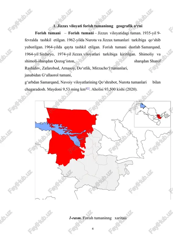 ko'llari joylashgan qozonxona joylashgan. tuman o'z nomini uning hududida joylashgan farish qishlog'idan olgan. tamerlanning qudrati davrida qishloq frantsiya poytaxti kabi parij deb nomlangan degan versiya mavjud. hukmdorning farmoniga binoan, uning qarorgohi atrofida turli mamlakatlarda joylashgan mashhur va gullab-yashnagan aholi punktlari tomonidan o'z nomlarini olgan qishloqlar qurildi. shunday qilib, bu erda damashq, bag'dod, shiraz, qohira, sultoniya, parij paydo bo'ldi. so'nggi nom bir necha asrlar davomida mahalliy aholining nutqida o'zgartirilgan bo'lsa-da, saqlanib qoldi. avval parij bo'ldi fariz, keyin farish. tuman dastlab 1935 yilda tashkil etilgan. 27 yildan so'ng u tugatildi va uning yerlari jizzax va nurota tumanlari tarkibiga kirdi. tuman 1964 yilda tiklangan. keyin u samarqand viloyati, keyinchalik sirdaryo viloyati va keyinchalik jizzax viloyati tarkibiga kirdi. tog'lar etagidagi yumshoq qiyaliklarni egallagan ekin maydonlari nuratin tog'laridan oqib chiqadigan suv oqimlari bilan sug'oriladi. arnasay ko'llar tizimidan tashqari, pistali va baliqli deb nomlangan shunga o'xshash suv havzalari mavjud. bahor boshlanishi bilan tog ' yonbag'irlari bir …