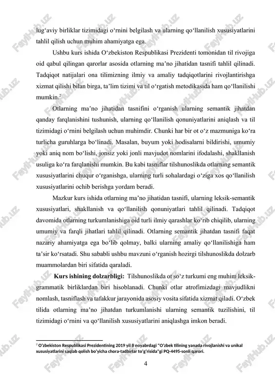 i otlarning semantik tasnifiga oid tadqiqotlarni davom ettirish zaruratini tugʻdiradi. xususan, nutq jarayonida otlarning qanday ishlatilishi, ularning semantik oʻzgarishlarga uchrashi va yangi otlarning paydo boʻlishi kabi masalalar tahlil qilinishi lozim. shuningdek, otlarning maʼno jihatidan tasnifini chuqur oʻrganish oʻquv jarayoni, tarjima amaliyoti, lingvistik tadqiqotlar hamda nutq madaniyatini rivojlantirishda katta ahamiyat kasb etadi. shu boisdan, ushbu kurs ishida otlarning maʼno jihatdan turlarini oʻrganish, ularning lingvistik xususiyatlarini tahlil qilish dolzarb masalalardan biri sifatida qaraladi. kurs ishining maqsadi: mazkur kurs ishining asosiy maqsadi – oʻzbek tilidagi otlarning maʼno jihatdan turlarini tadqiq qilish va ularning leksik-semantik xususiyatlarini tahlil qilishdan iborat. shu maqsadda quyidagi vazifalar belgilangan: · otlarning umumiy xususiyatlarini oʻrganish va ularning til tizimidagi oʻrnini aniqlash; · otlarning maʼno jihatidan tasnifini tahlil qilish va ularning lingvistik asoslarini aniqlash; · otlarning turli semantik guruhlarga boʻlinishida yuzaga keladigan muammolarni oʻrganish va ularning ilmiy yechimlarini koʻrib chiqish; · zamonaviy tilshunoslik yondashuvlari asosida otlarning semantik xususiyatlarini tahlil qilish va …