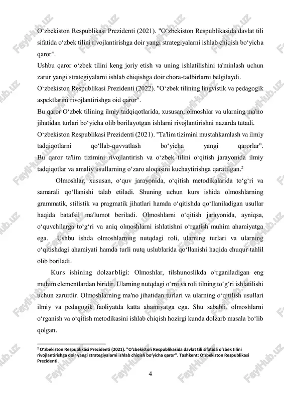ni sifatli tashkil etishda yordam beradi. kurs ishining dolzarbligi shundan iboratki, u olmoshlarning grammatik turlarini chuqur o‘rganish, ularning ma'no jihatidan farqlarini tahlil qilish va o‘qitishda qo‘llaniladigan metodlarni tadqiq etish orqali tilni o‘rganish va o‘qitish jarayonini samarali qilishga yordam beradi. bundan tashqari, olmoshlarning turli nutq uslublarida qanday ishlatilishini aniqlash, ularni o‘qitishda qanday yondashuvlarni qo‘llash zarurligini ko‘rsatib beradi. shunday qilib, olmoshlarni o‘rganish va o‘qitish usullarining dolzarbligi o‘quvchilarning nutq madaniyati va tilni to‘g‘ri qo‘llay olish ko‘nikmalarini shakllantirishda muhim ahamiyat kasb etadi. bu kurs ishining mavzusi ilmiy va amaliy nuqtai nazardan dolzarb bo‘lib, til o‘rganish va o‘qitish jarayonlarini rivojlantirishga xizmat qiladi. kurs ishining maqsadi: olmoshlarning ma'no jihatidan turlarini va ularning nutqdagi rolini o‘rganish, shuningdek, olmoshlarni o‘qitishning samarali usullarini tadqiq qilishdir. kurs ishida quyidagi asosiy maqsadlar amalga oshiriladi:  olmoshlarning turlari va ularning grammatik xususiyatlarini tahlil qilish: olmoshlarning turli turlarini (shaxs, ko‘rsatish, so‘roq, e'tibor va boshqalar) o‘rganish va ularning nutqdagi vazifalarini aniqlash.  olmoshlarning ma'no …