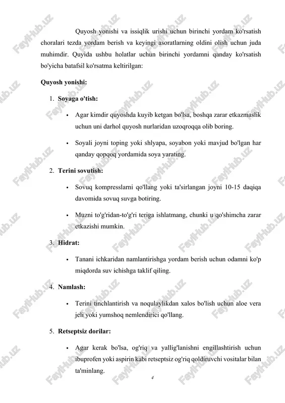 larini tushunish simptomlarni aniqlash va tegishli birinchi yordam ko'rsatish uchun juda muhimdir. bu erda asosiy turlari: 1. gipotermiya: · gipotermiya tana issiqlikni ishlab chiqarishdan tezroq yo'qotganda yuzaga keladi, natijada tana harorati xavfli darajada past bo'ladi (odatda 95 ° f yoki 35 ° c dan past). · alomatlar orasida titroq, tartibsizlik, nutqning buzilishi, uyquchanlik, zaif yurak urishi va sayoz nafas olish kiradi. · agar davolanmagan bo'lsa, hipotermiya ongni yo'qotishi, yurak tutilishi va o'limga olib kelishi mumkin. 2. muzlash: · muzlash teri va uning ostidagi to'qimalar sovuq harorat ta'sirida muzlaganda yuzaga keladi, bu esa hujayralarning shikastlanishiga va o'limiga olib keladi. · alomatlar orasida uyquchanlik, karıncalanma, rangpar yoki oq teri, terining qattiq yoki mumsimon ko'rinishi va og'ir holatlarda qabariq paydo bo'ladi. · sovuqlar odatda barmoqlar, oyoq barmoqlari, quloqlar va burun kabi ekstremitalarga ta'sir qiladi. 3. chilblains (pernio): · chilpillalar sovuq va nam sharoitda, odatda muzlash haroratidan yuqori bo'lganida yuzaga keladigan yallig'lanishli teri lezyonlari. …