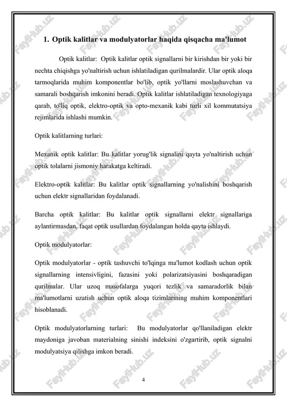 lar optik tolalar orqali uzatish uchun optik tashuvchilarga ma'lumotlarni modulyatsiya qilishda muhim rol o'ynaydi. ikkala optik kalitlar ham, modulyatorlar ham zamonaviy optik aloqa tarmoqlarining muhim komponentlari bo'lib, ma'lumotlarni uzoq masofalarga yuqori tezlikda samarali va moslashuvchan uzatish imkonini beradi. faza modulyatorlari: bu modulyatorlar optik signalning intensivligiga ta'sir qilmasdan uning fazasini o'zgartiradi. ikkala optik kalitlar ham, modulyatorlar ham optik tarmoqlarda muhim rol o'ynaydi, bu to'lqin uzunligini bo'linish multipleksatsiyasi (wdm), dinamik marshrutlash va signalni qayta ishlash kabi ilg'or funktsiyalarni ta'minlaydi. ular zamonaviy telekommunikatsiyalar va ma’lumotlar uzatish ilovalari uchun zarur bo‘lgan yuqori tezlikdagi, yuqori sig‘imli optik aloqa tizimlarini rivojlantirishga hissa qo‘shmoqda. 2. to'lqinli optik aloqa tarmoqlarida optik kalitlar va modulyatorlarning ahamiyati optik kalitlar va modulyatorlar optik signallarni uzoq masofalarga samarali va moslashuvchan uzatish uchun zarur bo'lgan funktsiyalarni taklif qiluvchi to'lqinli optik aloqa tarmoqlarida hal qiluvchi rol o'ynaydi. mana ularning ahamiyatini batafsil ko'rib chiqing: to'lqinli optik aloqa tarmoqlarida optik kalitlar : 1. marshrutlashning moslashuvchanligi : …