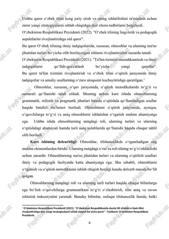 sa o‘quv jarayonini sifatli tashkil etishda yordam beradi. kurs ishining dolzarbligi shundan iboratki, u olmoshlarning grammatik turlarini chuqur o‘rganish, ularning ma'no jihatidan farqlarini tahlil qilish va o‘qitishda qo‘llaniladigan metodlarni tadqiq etish orqali tilni o‘rganish va o‘qitish jarayonini samarali qilishga yordam beradi. bundan tashqari, olmoshlarning turli nutq uslublarida qanday ishlatilishini aniqlash, ularni o‘qitishda qanday yondashuvlarni qo‘llash zarurligini ko‘rsatib beradi. shunday qilib, olmoshlarni o‘rganish va o‘qitish usullarining dolzarbligi o‘quvchilarning nutq madaniyati va tilni to‘g‘ri qo‘llay olish ko‘nikmalarini shakllantirishda muhim ahamiyat kasb etadi. bu kurs ishining mavzusi ilmiy va amaliy nuqtai nazardan dolzarb bo‘lib, til o‘rganish va o‘qitish jarayonlarini rivojlantirishga xizmat qiladi. kurs ishining maqsadi: olmoshlarning ma'no jihatidan turlarini va ularning nutqdagi rolini o‘rganish, shuningdek, olmoshlarni o‘qitishning samarali usullarini tadqiq qilishdir. kurs ishida quyidagi asosiy maqsadlar amalga oshiriladi: · olmoshlarning turlari va ularning grammatik xususiyatlarini tahlil qilish: olmoshlarning turli turlarini (shaxs, ko‘rsatish, so‘roq, e'tibor va boshqalar) o‘rganish va ularning nutqdagi vazifalarini aniqlash. · …
