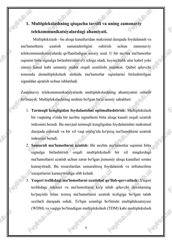 as qiladi. 2. yuqori tezlikda ma'lumotlarni uzatishda optik multiplekslashning ahamiyati. optik multiplekslash zamonaviy telekommunikatsiya tarmoqlarida yuqori tezlikda ma'lumotlarni uzatishni ta'minlashda hal qiluvchi rol o'ynaydi. uning ahamiyatini ta'kidlaydigan bir nechta sabablar: kengaytirilgan tarmoqli kengligidan foydalanish: to'lqin uzunligini bo'linish multipleksatsiyasi (wdm) kabi optik multiplekslash usullari bir vaqtning o'zida bir nechta ma'lumotlar oqimini bitta optik tola orqali uzatish imkonini beradi. har bir ma'lumot oqimi optik spektrda noyob to'lqin uzunligini egallaydi va mavjud tarmoqli kengligini bir nechta kanallarga samarali ajratadi. bu optik tolali tarmoqlarning sig'imini sezilarli darajada oshiradi va katta hajmdagi ma'lumotlarni yuqori tezlikda uzatish imkonini beradi. masshtablilik: video oqimlari, bulutli hisoblashlar va narsalar interneti (iot) qurilmalari kabi ilovalar tomonidan boshqariladigan maʼlumotlar trafigining eksponensial oʻsishi bilan telekommunikatsiya tarmoqlari uchun masshtablilik zarur. optik multiplekslash qo'shimcha ma'lumotlar kanallarini mavjud optik tolalarga muhim infratuzilmani yangilash zaruratisiz qo'shish imkonini berish orqali kengaytiriladigan yechimni taqdim etadi. bu telekommunikatsiya provayderlariga o'sib borayotgan talabni qondirish uchun tarmoq sig'imini kengaytirish, shu bilan …