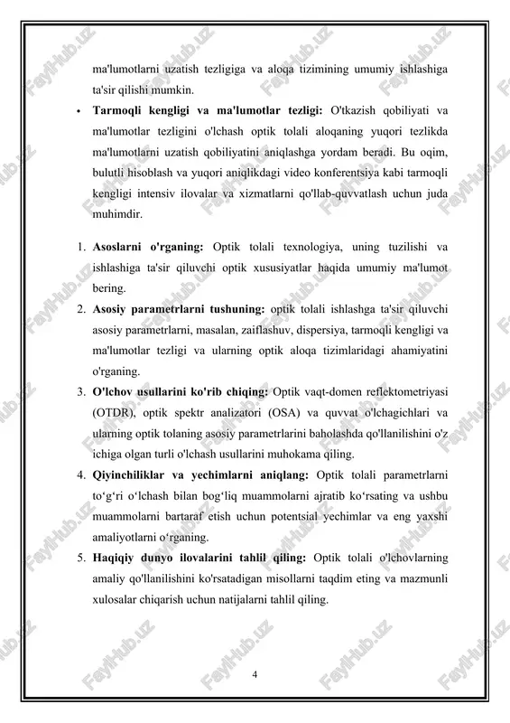 hlar: ular optik tolalarning turli qismlarini ulash va birlashtirish uchun ishlatiladi, bu murakkab tarmoq konfiguratsiyasini yaratishga imkon beradi. 5. kuchaytirgichlar va takrorlagichlar: uzoq masofalarga uzatishda yorug'lik signallarining kuchini oshirish va uzatish diapazonini kengaytirish uchun optik kuchaytirgichlar yoki takrorlagichlardan foydalanish mumkin. optik tolali aloqaning afzalliklari · yuqori tarmoqli kengligi: optik tolali kabellar an'anaviy mis kabellarga nisbatan ancha yuqori ma'lumotlarni uzatish tezligini qo'llab-quvvatlaydi, bu ularni yuqori tezlikdagi ilovalar uchun ideal qiladi. · kam yo'qotish: optik tolalar uzoq masofalarda minimal signal yo'qotilishini boshdan kechiradi, bu esa kengaytirilgan tarmoq oralig'ida samarali ma'lumotlarni uzatish imkonini beradi. · elektromagnit parazitlarga qarshi immunitet: mis kabellardan farqli o'laroq, optik tolali kabellar elektromagnit parazitlarga sezgir emas, elektr shovqinli muhitda ishonchli ma'lumotlarni uzatishni ta'minlaydi. · xavfsizlik: optik tolali aloqa yuqori darajadagi xavfsizlikni ta'minlaydi, chunki signalni aniqlanmasdan olish qiyin, bu uni nozik va maxfiy ma'lumotlarni uzatish uchun mos qiladi. ilovalar optik tolali aloqa turli sohalarda va ilovalarda keng qo'llaniladi, jumladan: · …