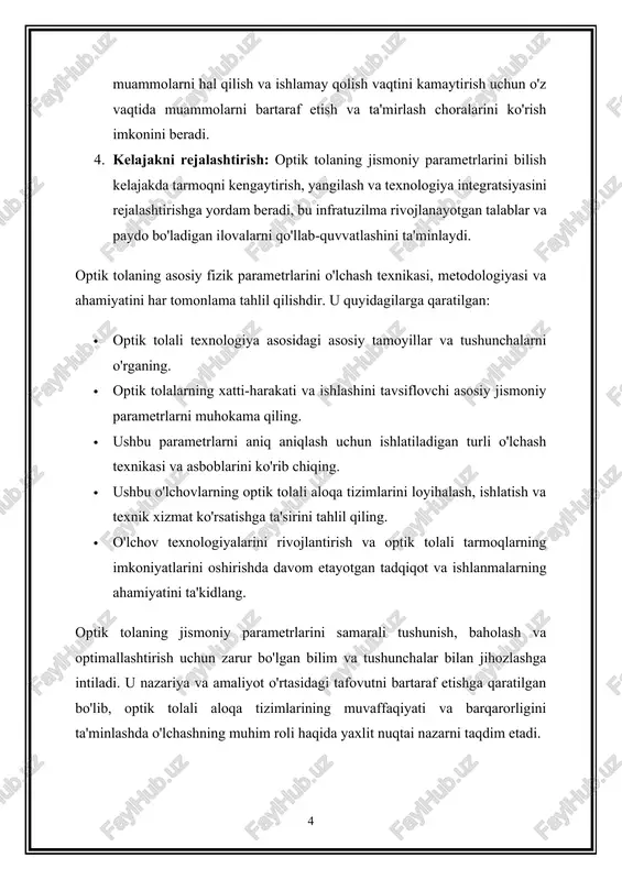 a yorug'lik signallarining kuchini oshirish va uzatish diapazonini kengaytirish uchun optik kuchaytirgichlar yoki takrorlagichlardan foydalanish mumkin. optik tolali aloqaning afzalliklari · yuqori tarmoqli kengligi: optik tolali kabellar an'anaviy mis kabellarga nisbatan ancha yuqori ma'lumotlarni uzatish tezligini qo'llab-quvvatlaydi, bu ularni yuqori tezlikdagi ilovalar uchun ideal qiladi. · kam yo'qotish: optik tolalar uzoq masofalarda minimal signal yo'qotilishini boshdan kechiradi, bu esa kengaytirilgan tarmoq oralig'ida samarali ma'lumotlarni uzatish imkonini beradi. · elektromagnit parazitlarga qarshi immunitet: mis kabellardan farqli o'laroq, optik tolali kabellar elektromagnit parazitlarga sezgir emas, elektr shovqinli muhitda ishonchli ma'lumotlarni uzatishni ta'minlaydi. · xavfsizlik: optik tolali aloqa yuqori darajadagi xavfsizlikni ta'minlaydi, chunki signalni aniqlanmasdan olish qiyin, bu uni nozik va maxfiy ma'lumotlarni uzatish uchun mos qiladi. ilovalar optik tolali aloqa turli sohalarda va ilovalarda keng qo'llaniladi, jumladan: · telekommunikatsiya tarmoqlari · internet magistral infratuzilmasi · kabel televideniesi tarqatish · data markazlari · harbiy va aerokosmik aloqa · tibbiy tasvir va diagnostika standartlar …