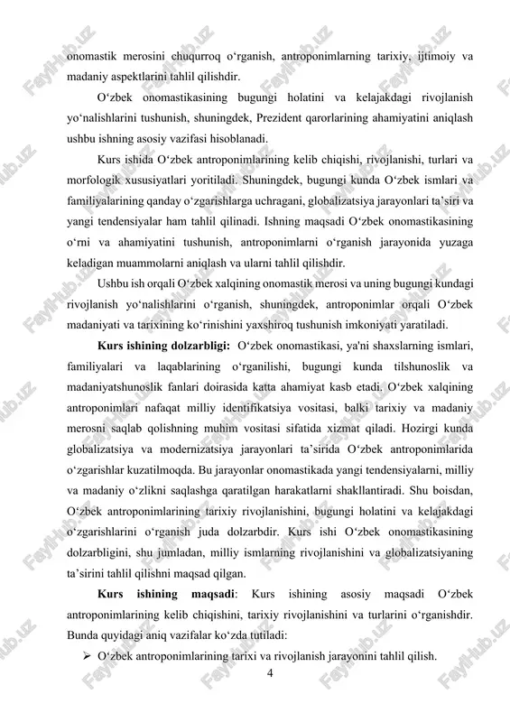 ini tahlil qilish. · antroponimlarning o‘zgarishiga olib kelgan ijtimoiy va madaniy omillarni aniqlash. kurs ishining maqsadi oʻzbek xalqining antroponimlaridagi o‘zgarishlar va ularning til, madaniyat va ijtimoiy hayotdagi ahamiyatini chuqur o‘rganishdir. kurs ishining obyekti: kurs ishining obyekti oʻzbek antroponimlari, ya'ni oʻzbek xalqining shaxsiy ismlari, familiyalari, laqablaridir. bular tilshunoslik, madaniyatshunoslik va tarixshunoslik nuqtai nazaridan o‘rganiladigan atamalar bo‘lib, ularning o‘zgarishi, rivojlanishi va zamonaviy holati tahlil qilinadi. obyekt sifatida oʻzbek xalqining shaxsiy nomlari, ularning tarixi, morfologik xususiyatlari, jamiyatdagi roli va ularning madaniy, ijtimoiy hamda diniy omillar bilan bog‘liqligi qaraladi. kurs ishining predmeti. kurs ishining predmeti oʻzbek antroponimlarining tarixiy rivojlanishi, morfologik xususiyatlari, turlari, va zamonaviy holatidagi o‘zgarishlardir. predmet doirasida antroponimlar orqali milliy va madaniy identifikatsiyani saqlash, ularning ijtimoiy va tarixiy ahamiyati, globalizatsiya ta’sirida yuzaga kelgan yangi tendensiyalar o‘rganiladi. bunda antroponimlarning o‘zgarishiga olib kelgan omillar, shuningdek, ularning til va madaniyatdagi o‘rni, o‘zgarishi va kelajakdagi rivojlanish yo‘nalishlari tahlil qilinadi. kurs ishining vazifalari: mazkur kurs ishida qo‘yilgan asosiy …