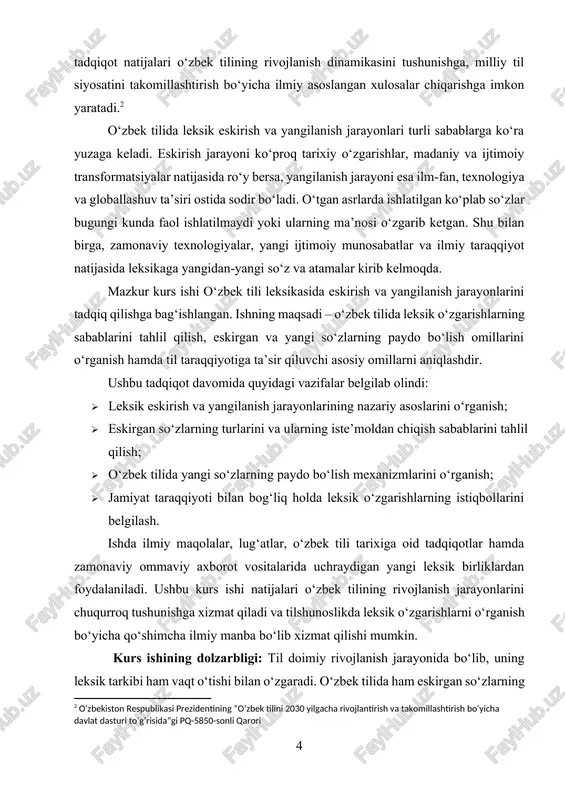 ogiya rivoji bilan chambarchas bog‘liq. hozirgi globallashuv sharoitida yangi atamalar, xorijiy so‘zlar va zamonaviy tushunchalar tilimizga kirib kelmoqda. shu bilan birga, tarixiy va madaniy hodisalarga bog‘liq ravishda ayrim so‘zlar iste’moldan chiqmoqda yoki semantik jihatdan o‘zgarishga uchramoqda. o‘zbek tili leksikasidagi bu jarayonlarni o‘rganish tilning rivojlanish tendensiyalarini tushunishga, zamonaviy lingvistik muammolarni aniqlashga va ularni hal etish yo‘llarini izlashga yordam beradi. kurs ishining maqsadi: ushbu kurs ishining asosiy maqsadi – o‘zbek tilida leksik eskirish va yangilanish jarayonlarini ilmiy jihatdan tahlil qilish, ularning sabablarini aniqlash va til taraqqiyotiga ta’sir qiluvchi omillarni o‘rganishdir. shuningdek, yangi so‘zlarning shakllanish mexanizmlarini o‘rganish, eskirgan leksik birliklarning zamonaviy til tizimidagi o‘rnini tahlil qilish va o‘zgarishlarning istiqbolli yo‘nalishlarini aniqlash ham ushbu ishning muhim vazifalaridan biridir. kurs ishining obyekti: kurs ishining obyekti – o‘zbek tilining leksik tarkibidagi eskirish va yangilanish jarayonlari, ularning yuzaga kelish sabablari hamda bu jarayonlarning til tizimidagi o‘rni. ushbu tadqiqotda o‘zbek tilining tarixiy va zamonaviy leksikasi tahlil qilinadi, so‘zlarning …