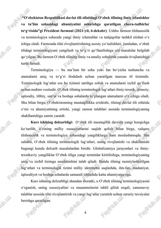 hi va rivojlanish jarayonlarini o‘rganishdan iborat. o‘zbek tilidagi ilmiy, ijtimoiy, iqtisodiy va boshqa sohalar terminologiyasining ahamiyatini ochib berish, uning milliy va global kontekstdagi o‘rni, kamchiliklari va kelajakdagi rivojlanish istiqbollarini tahlil qilish. kurs ishida quyidagi maqsadlar ko‘zda tutiladi: · o‘zbek tilining terminologik lug‘atlari va ularning turli sohalardagi o‘rni haqida umumiy tushunchalar berish; · o‘zbek tilining terminologiyasini shakllantirish jarayonidagi muammolarni aniqlash; · milliy terminologiyani yaratishdagi amaliy yondashuvlar va tavsiyalarni ishlab chiqish; · o‘zbek tilining terminologik tizimining rivojlanish istiqbollarini belgilash. kurs ishining obyekti: kurs ishining obyekti o‘zbek tilining terminologik lug‘atlari va ularning shakllanishi, rivojlanishi, hozirgi holati va tizimi hisoblanadi. bu obyektda o‘zbek tilining turli sohalaridagi terminlar, ularning ma’nolari, struktura va ishlatilishi o‘rganiladi. terminologik lug‘atlar tahlil qilinadi, ularning zamonaviy holati, keng qo‘llanilishi va milliy tilni rivojlantirishdagi o‘rni ko‘rib chiqiladi. kurs ishining predmeti. kurs ishining predmeti o‘zbek tilining terminologik lug‘atlarining tarkibi, strukturasi, yaratish jarayonlari, rivojlanish bosqichlari va ularni shakllantirishda yuzaga keladigan muammolarni o‘rganishdir. predmet doirasida, …