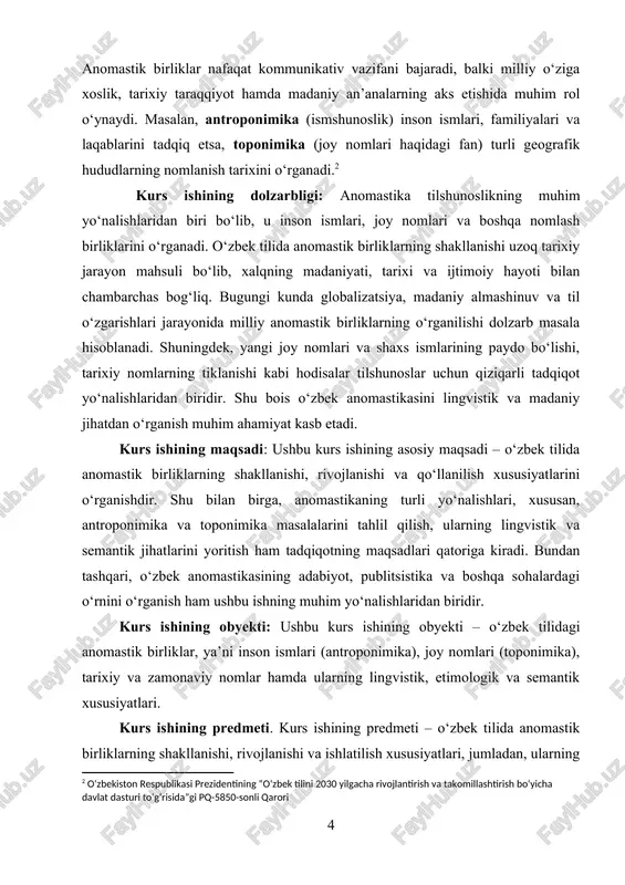 rning turlarini (antroponimika, toponimika va boshqalar) tasniflash; · o‘zbek anomastikasining shakllanishi va rivojlanish jarayonlarini tadqiq etish; · anomastik birliklarning semantik, etimologik va lingvistik jihatlarini tahlil qilish; · o‘zbek tilida anomastik birliklarning adabiyot va publitsistikadagi o‘rnini o‘rganish; · zamonaviy o‘zbek anomastikasining rivojlanish tendensiyalarini aniqlash va baholash. kurs ishining nazariy ahamiyati: ushbu tadqiqot o‘zbek tilshunosligining anomastika sohasi bo‘yicha ilmiy bilimlarni boyitishga hissa qo‘shadi. ish natijalari anomastikaning lingvistik tamoyillarini chuqurroq anglash, anomastik birliklarning leksik va semantik xususiyatlarini tahlil qilishga yordam beradi. shuningdek, kurs ishi tilshunoslik, etnologiya va madaniyatshunoslik bo‘yicha olib boriladigan ilmiy tadqiqotlar uchun nazariy asos yaratishi mumkin.[footnoteref:3] [3: o‘zbekiston respublikasi prezidentining “davlat tilini rivojlantirish va til siyosatini takomillashtirish chora-tadbirlari to‘g‘risida”gi pq-4297-sonli qarori ] kurs ishining tuzilmasi: tadqiqot quyidagi bo‘limlardan iborat: ikki bob , 6 ta bo‘lim , xulosa , foydalanilgan adabiyotlar va foydalanilgan saytlardan iborat. i bob. o‘zbek tilida anomastik birliklarning turlari 1.1. o‘zbek antroponimikasining shakllanishi va rivojlanishi antroponimika – inson ismlarining …