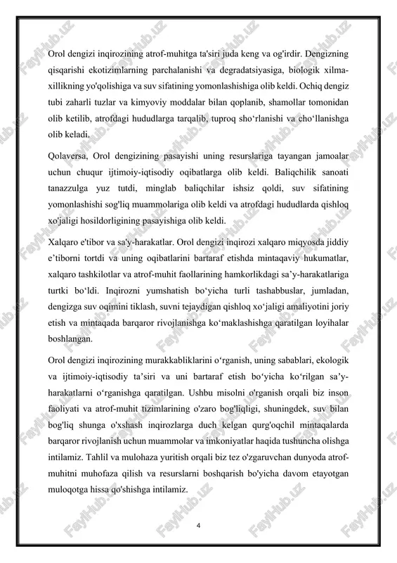 irlar bu ifloslantiruvchi moddalarni qishloq xo'jaligi dalalaridan daryolar va soylarga yuvib, oxir-oqibat qirg'oq suvlariga etib boradi. ushbu oqim evtrofikatsiyaga, zararli suv o'tlarining gullashiga va kislorodning kamayishiga olib kelishi mumkin, bu dengiz biologik xilma-xilligi va ekotizimlariga zararli ta'sir ko'rsatishi mumkin. plastmassaning ifloslanishi: dengiz muhitida plastik qoldiqlarning to'planishi butun dunyo bo'ylab tobora ortib borayotgan tashvish uyg'otmoqda. plastmassa ifloslanishi turli manbalardan, jumladan chiqindilarni noto'g'ri utilizatsiya qilish, sanoat jarayonlari va dengiz faoliyatidan kelib chiqadi. plastmassalar dengiz muhitida yuzlab yillar davomida saqlanishi mumkin, bu esa dengiz hayvonlariga yutish, aralashish va yashash joylarini yo'q qilish orqali xavf tug'diradi. kanalizatsiya va oqava suvlarni oqizish: tozalanmagan yoki yomon tozalangan oqava suvlar va oqava suvlar shaharlardan, sanoat ob'ektlaridan va kruiz kemalaridan dengiz suvlariga patogenlar, ozuqa moddalari va ifloslantiruvchi moddalarni kiritadi. bu oqindi suvdan yuqadigan kasalliklarga, suv o'tlarining gullashiga va ekologik nomutanosiblikka olib kelishi mumkin, bu ham inson salomatligiga, ham dengiz ekotizimlariga ta'sir qiladi. yuk tashish faoliyati: yuk tashish operatsiyalari …