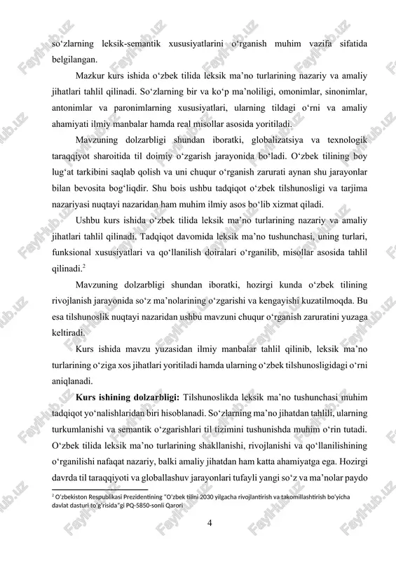 hodisalar keng tarqalgan bo‘lib, ularning o‘ziga xos jihatlarini tadqiq qilish, tildagi o‘rnini aniqlash va amaliy qo‘llanilish imkoniyatlarini o‘rganish zarurati mavjud. bu masala tarjima jarayonlari, uslubshunoslik, til o‘rganish va til madaniyatining rivoji uchun ham katta ahamiyat kasb etadi. kurs ishining maqsadi: ushbu kurs ishining asosiy maqsadi – o‘zbek tilida leksik ma’no turlarining nazariy va amaliy jihatlarini o‘rganish hamda ularning til tizimidagi o‘rnini aniqlashdan iborat. mazkur maqsaddan kelib chiqib, quyidagi vazifalar belgilandi: · leksik ma’no tushunchasining mohiyatini ochib berish; · o‘zbek tilidagi leksik ma’no turlarini tasniflash; · so‘zlarning bir ma’noliligi va ko‘p ma’nolilik xususiyatlarini o‘rganish; · omonimlar, sinonimlar, antonimlar va paronimlarning lingvistik xususiyatlarini tahlil qilish; · leksik ma’no turlarining badiiy adabiyot, tarjima va nutq madaniyatidagi ahamiyatini yoritish. ushbu tadqiqot natijalari o‘zbek tilshunosligida leksik-semantik hodisalarni chuqurroq anglashga va ularning til tizimidagi o‘rnini aniqlashga yordam beradi. kurs ishining obyekti: ushbu kurs ishining obyekti – o‘zbek tilida so‘zlarning leksik ma’nosi va uning turlaridir. tadqiqot doirasida …