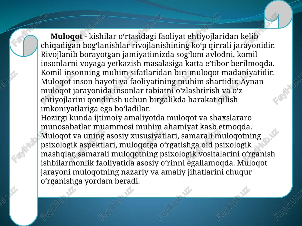 ojiga hissa qoʻshgan. dunyo bo‘ylab tez va samarali aloqa qilish qobiliyati dunyoni toraytirdi va «globalizatsiya»ni haqiqatga aylantirdi. kommunikatsiya muayyan mamlakat yo madaniyat yoki bir tilda soʻzlashuvchilar guruhiga mansub odamlar bilan oʻzaro faoliyatlari va aloqa qilishlarida muhim oʻrin tutadi. kommunikativ aloqa inson hayotiga ma’no qoʻshadi. u munosabat yaratishga va muhabbatni shakllantirishga yordam beradi, oʻzaro tushunishni ragʻbatlantiradi. u bizning butun jahon toʻgʻrisidagi bilimimizni boyitib, turmushimizni munosib qiladi texnologik taraqqiyotning o‘rni hozirgi muloqot va ma’lumot asrida nutqiy jarayonga keng miqyosda kirishish boylik hisoblanadi. bu manbalarga yechimlardan biri ma’lumotning qo‘llanishida qaytarish uslublarini qo‘llashga asoslangan, yangi kommunikatsion texnologiyalarning paydo bo‘lishiga katta hissa qo ‘shdi. yangi kommunikatsion texnologiyaning qo‘llanilishi keng ko‘lamdagi korporativ biznes faoliyatlarning asosiy muammolaridan ba’zilarini, xususan, aniqlik, narx, tezlik, sifat, miqdor nuqtai nazaridan hal etishni boshlaydi. shunday qilib, kommunikatsiya keng geografik hudud, mamlakatning ichki hamda tashqi hududlarida, muqobil metodlarning qidirilishi zamonaviy murakkab biznes tashkilotlarida zaruriy bo‘lib qoldi. qisqa xabarlar xizmati (sms) ning afzalliklari: 1.xabar …